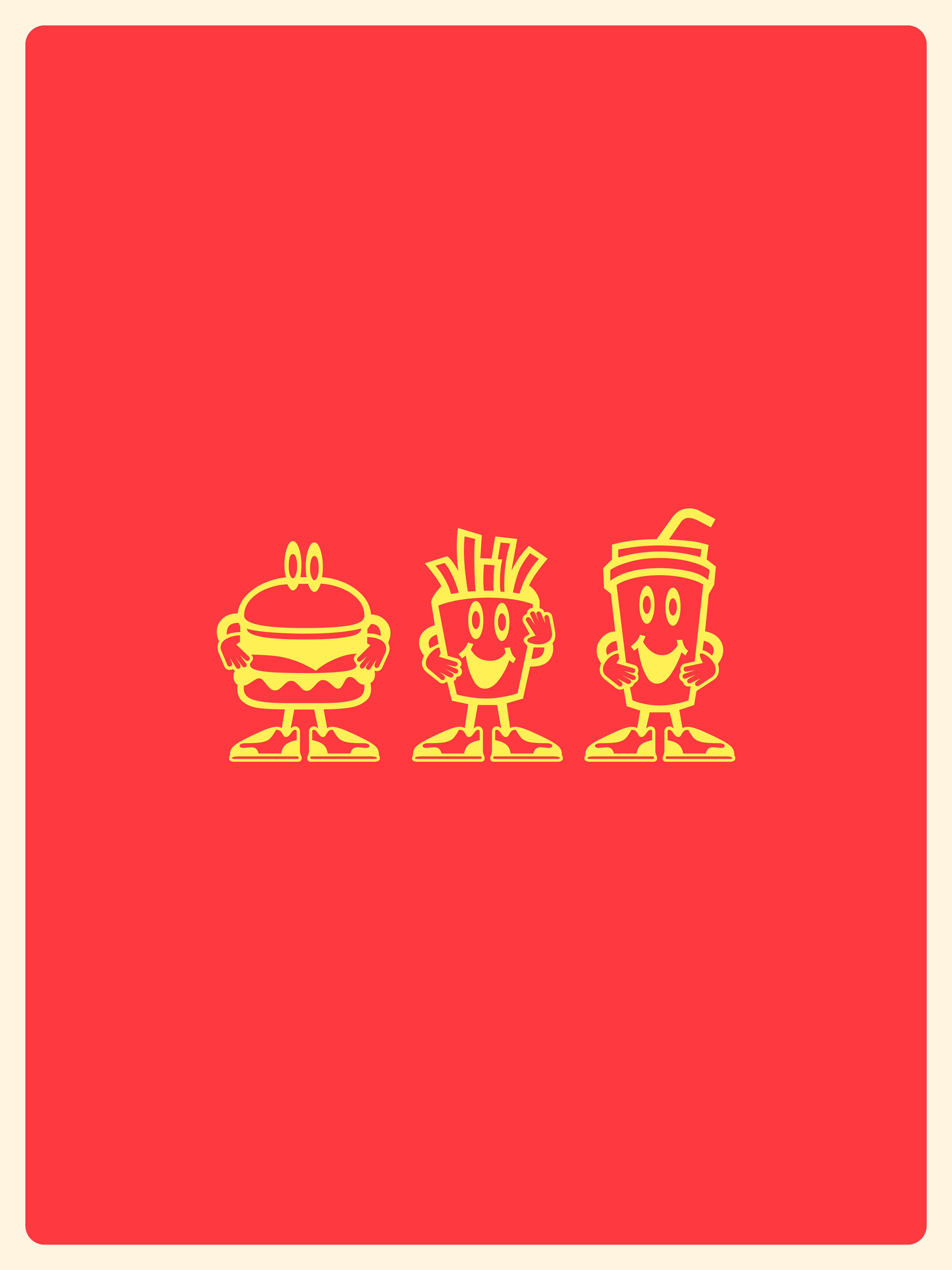 Red poster with yellow cartoon burger, fries, and drink characters.