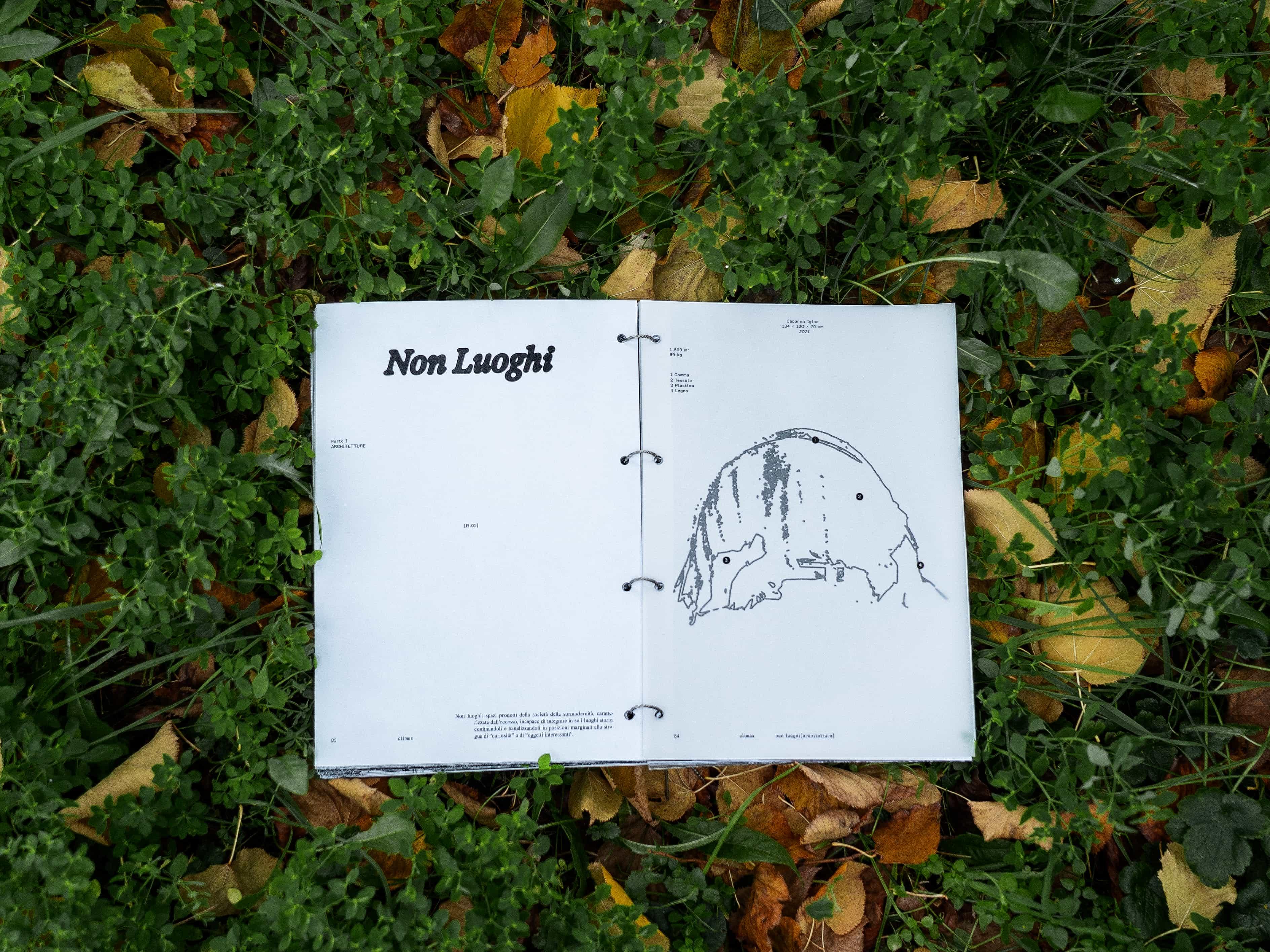 Open white booklet with a black illustration resting on grass and leaves.
