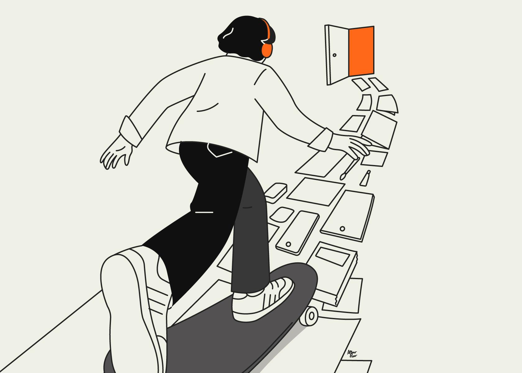 Illustration of a person on a skateboard with papers and tablets floating behind them.