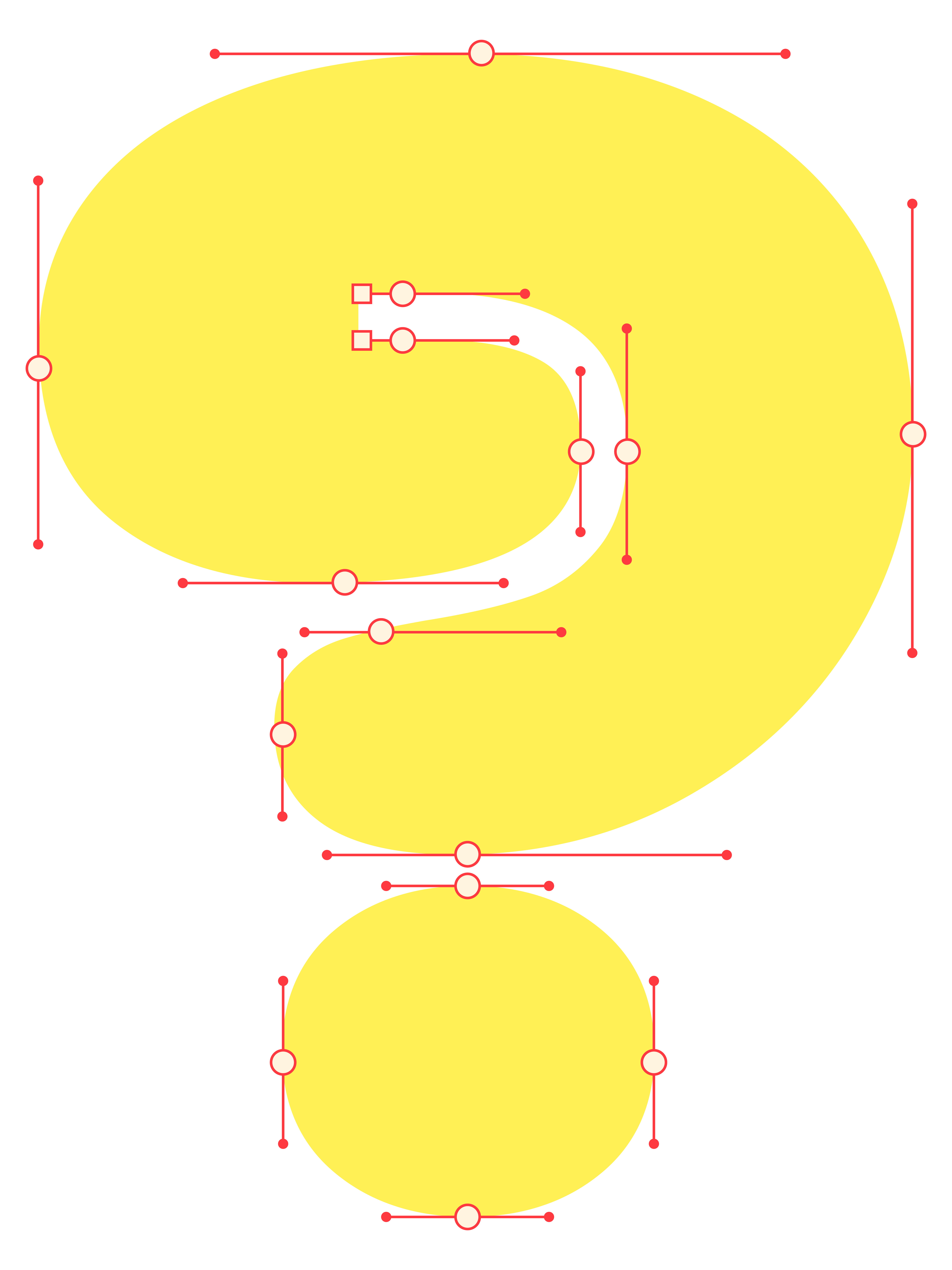 Yellow letterform with red Bézier curve controls.