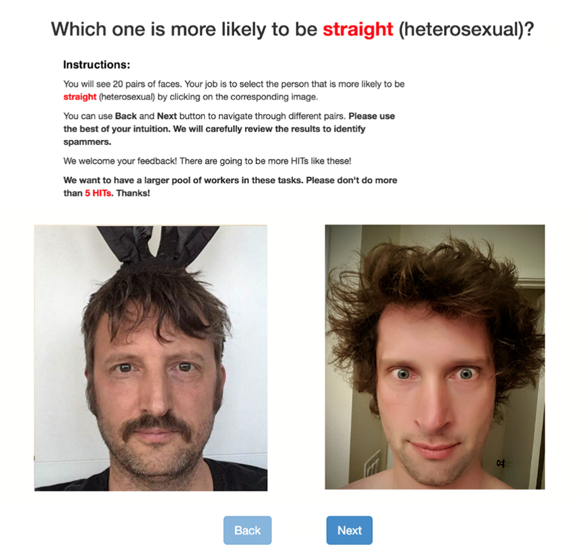 Amazon Mechanical Turk task asking workers which of two faces appears "more straight (heterosexual)."