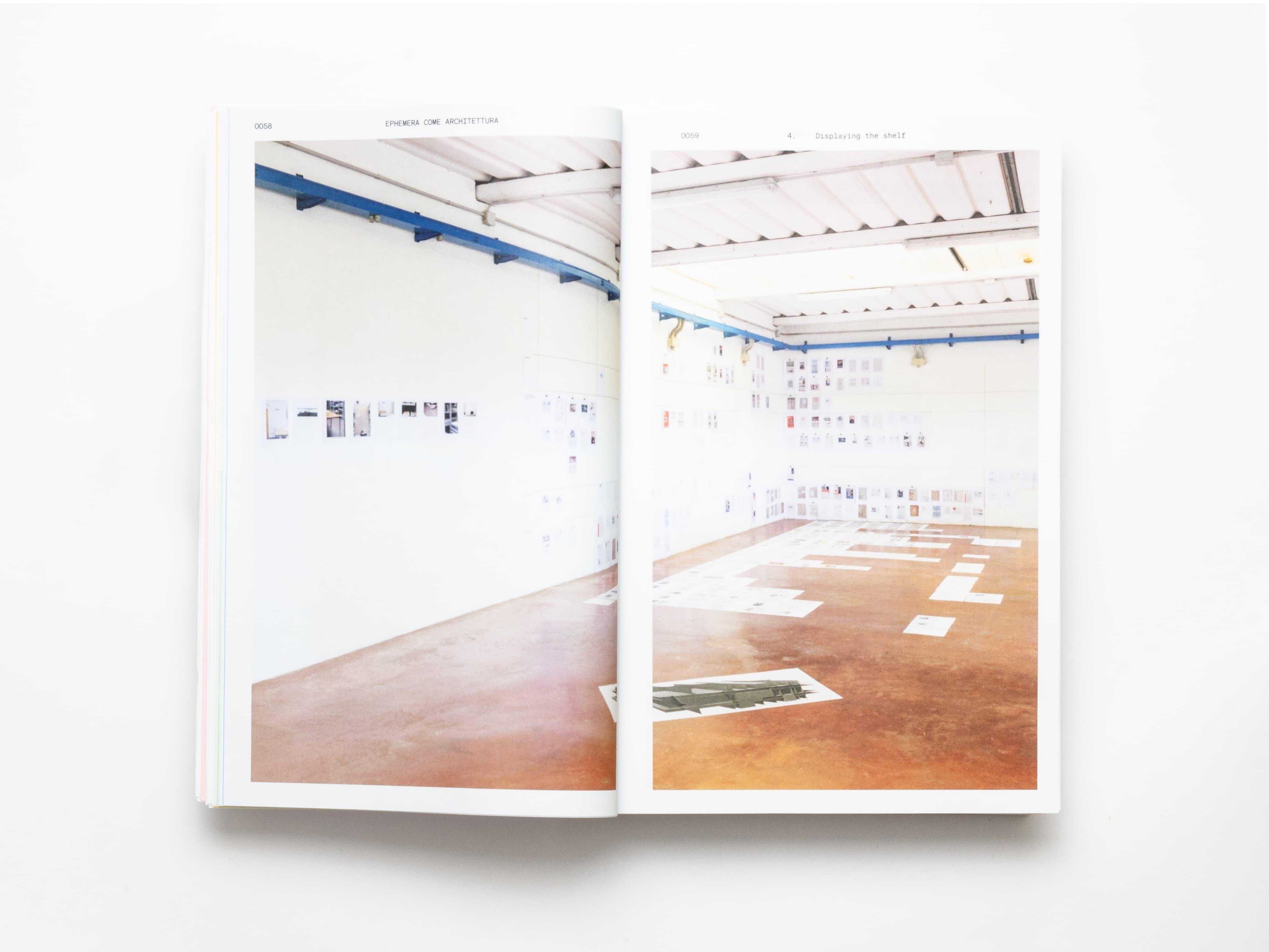 Open Ephemera publication spread showing a large view of the exhibition installation.