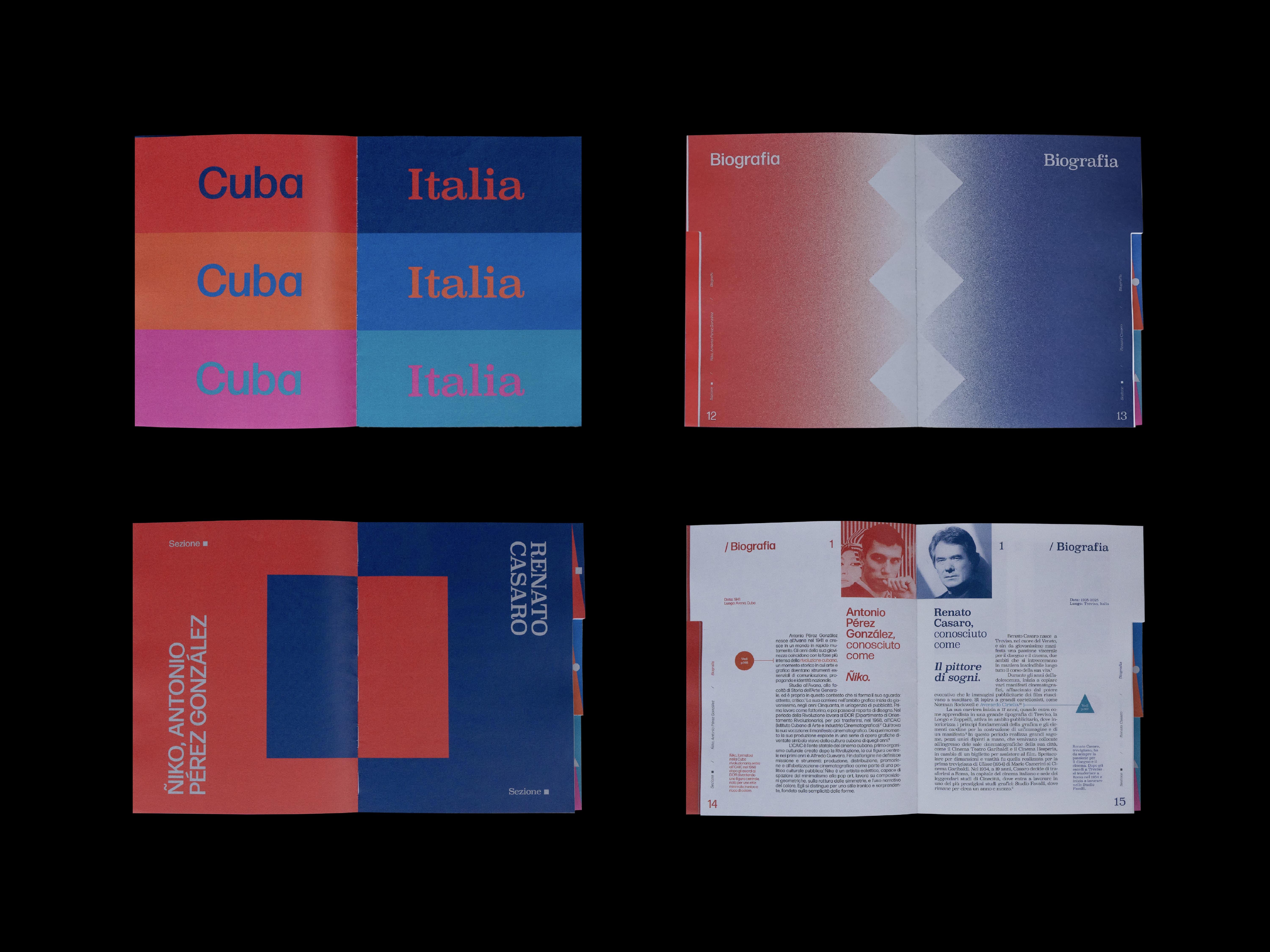 Four spreads on black showing the Cuba and Italia section openers, a biography page and designer profiles.