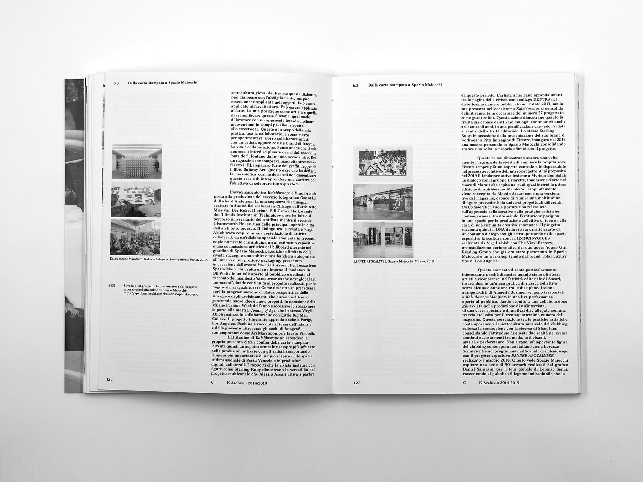 Open Voltare pagina book spread with Italian text and small black-and-white architectural photographs.