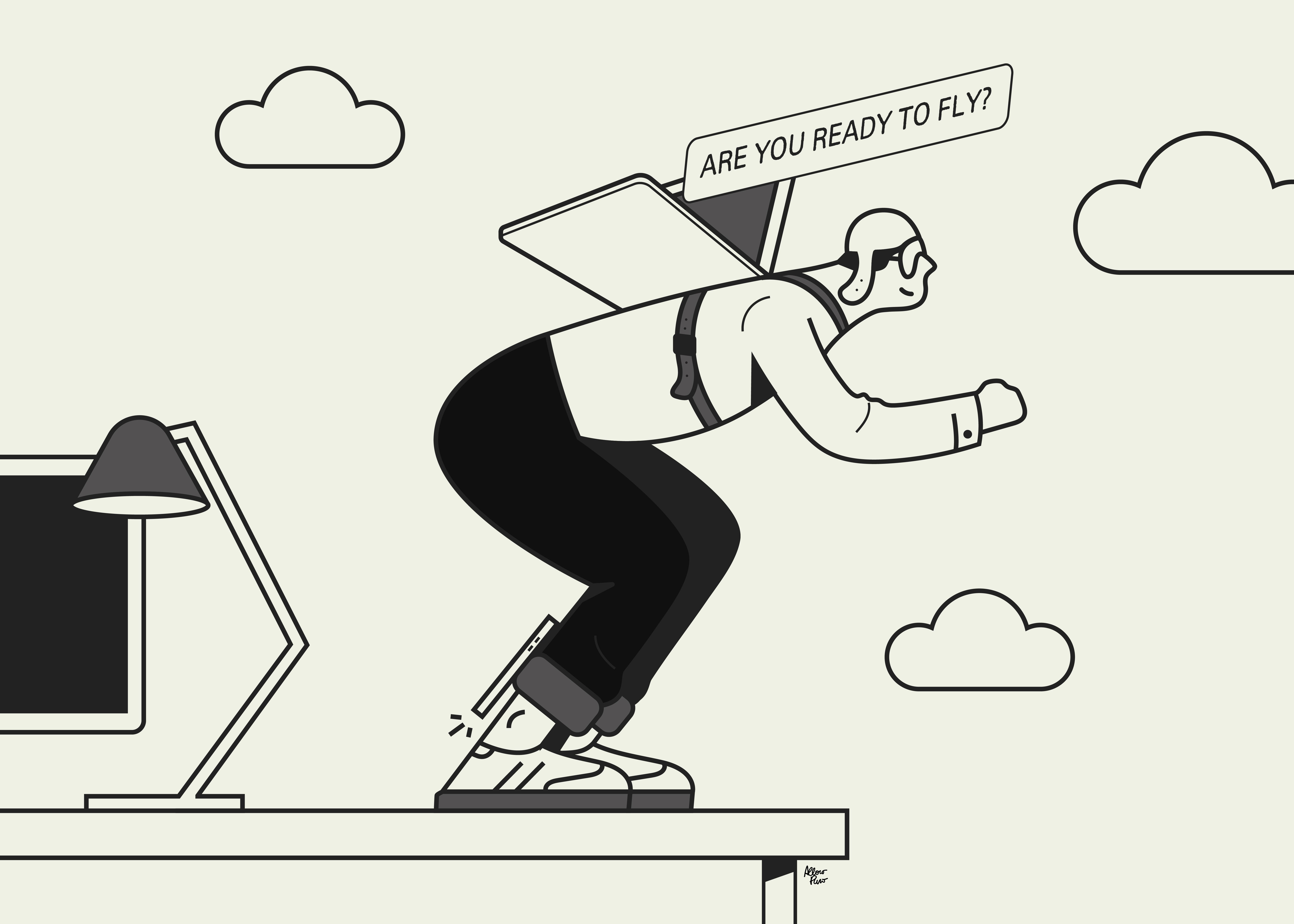 Illustration of a person preparing to fly from a platform, with the words "Are you ready to fly?"
