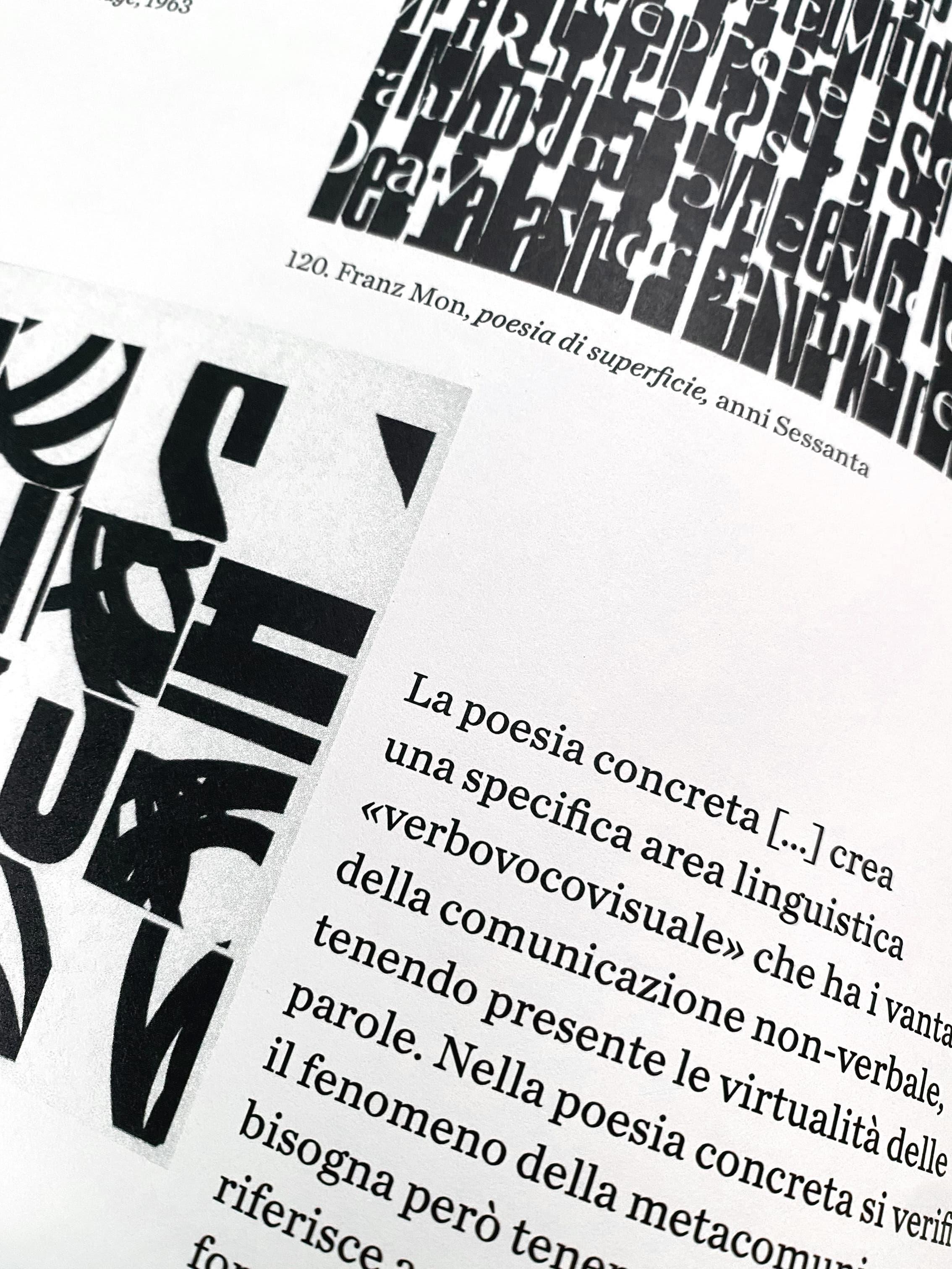 Close-up of a book page with black concrete-poetry letterforms and Italian text.