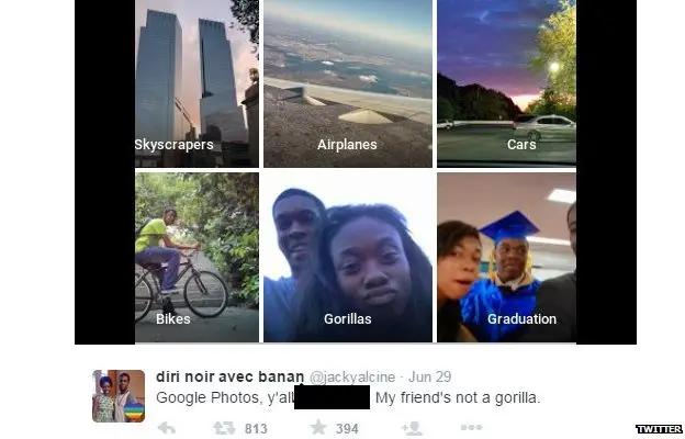 Screenshot of Google Photos categories and a tweet about the system labelling Black people as "gorillas."