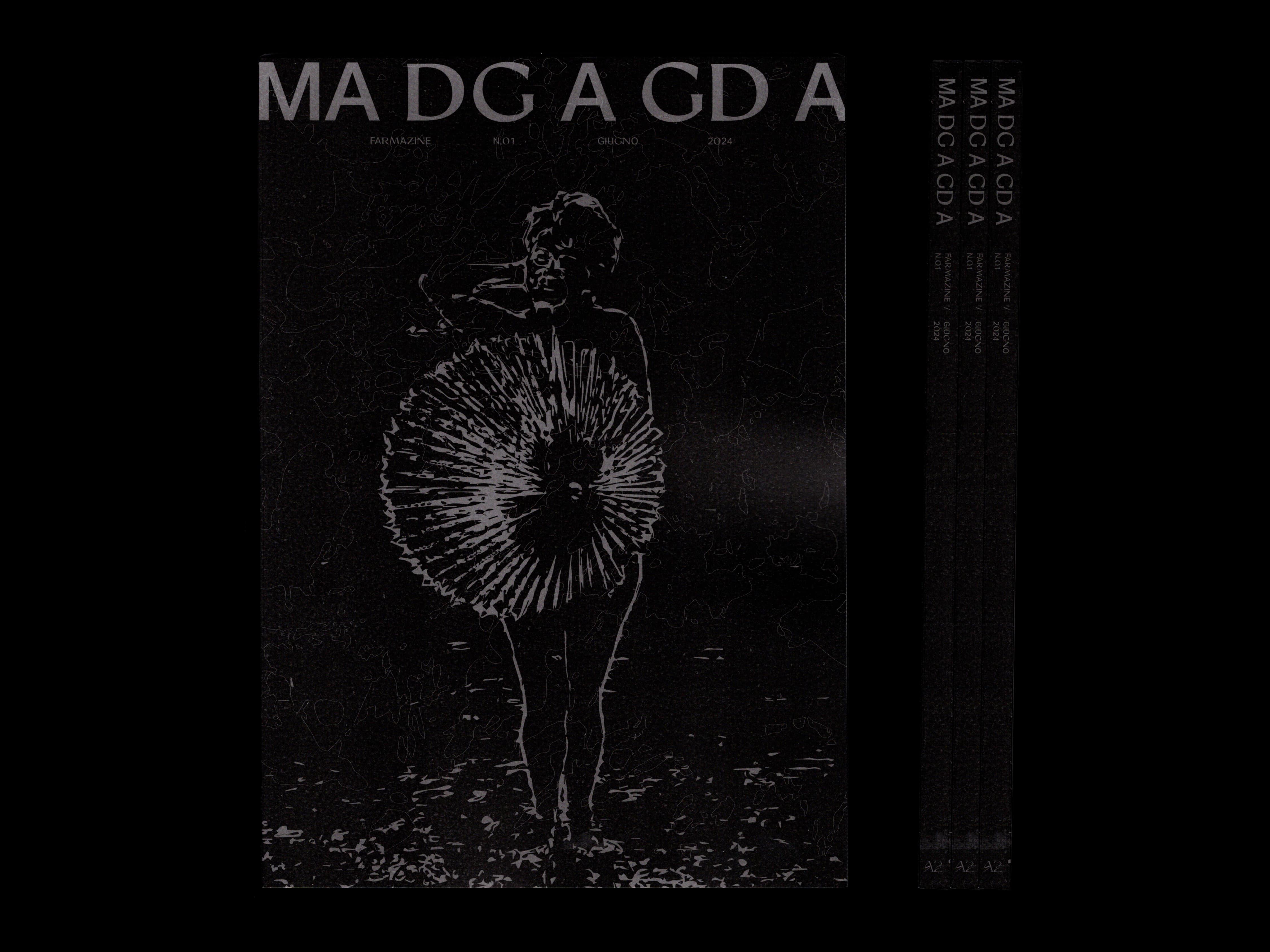 Black MAGDA FarmaZine cover with a white flower illustration.
