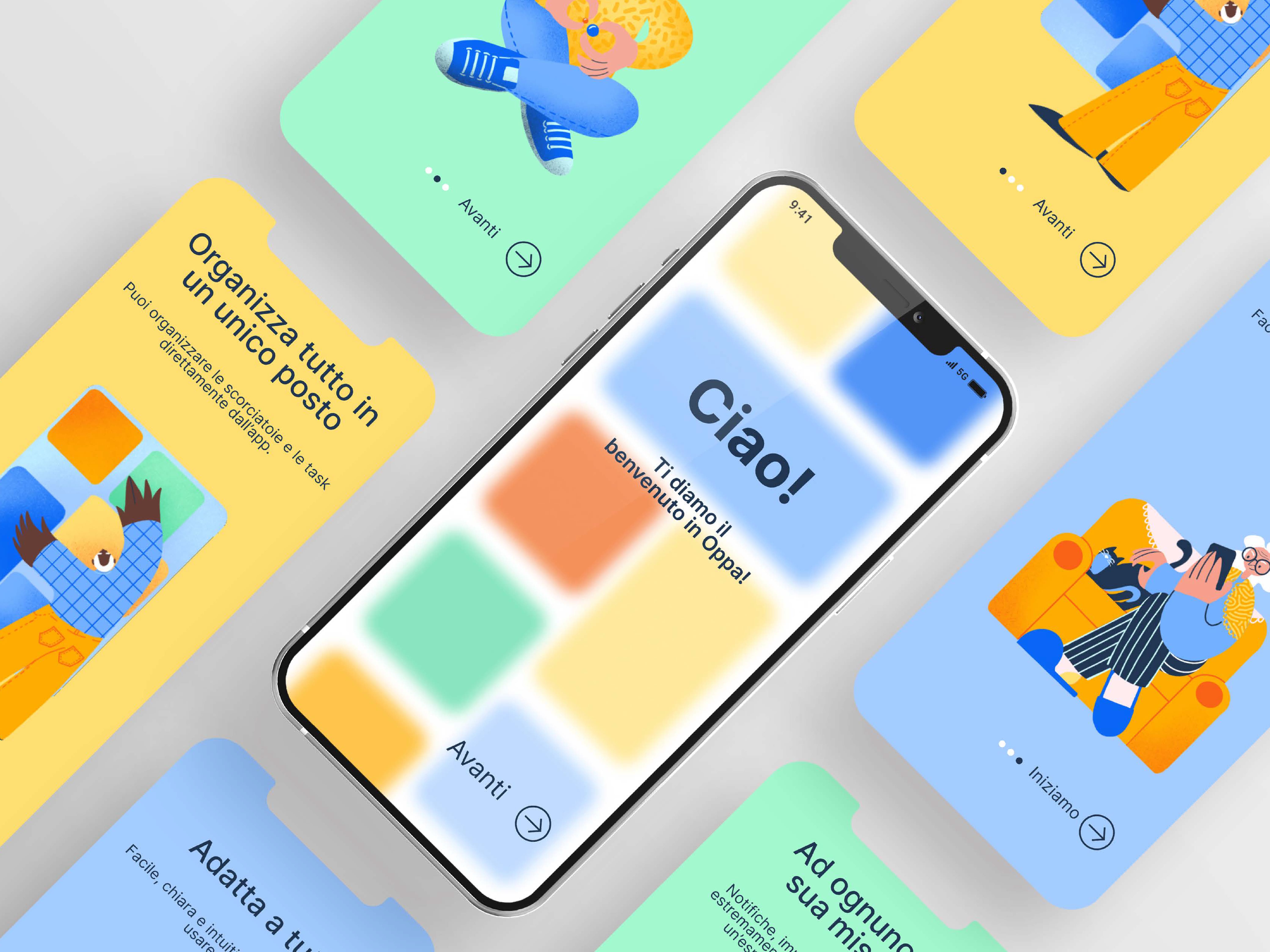 Smartphone beside pastel cards with small illustrated people.