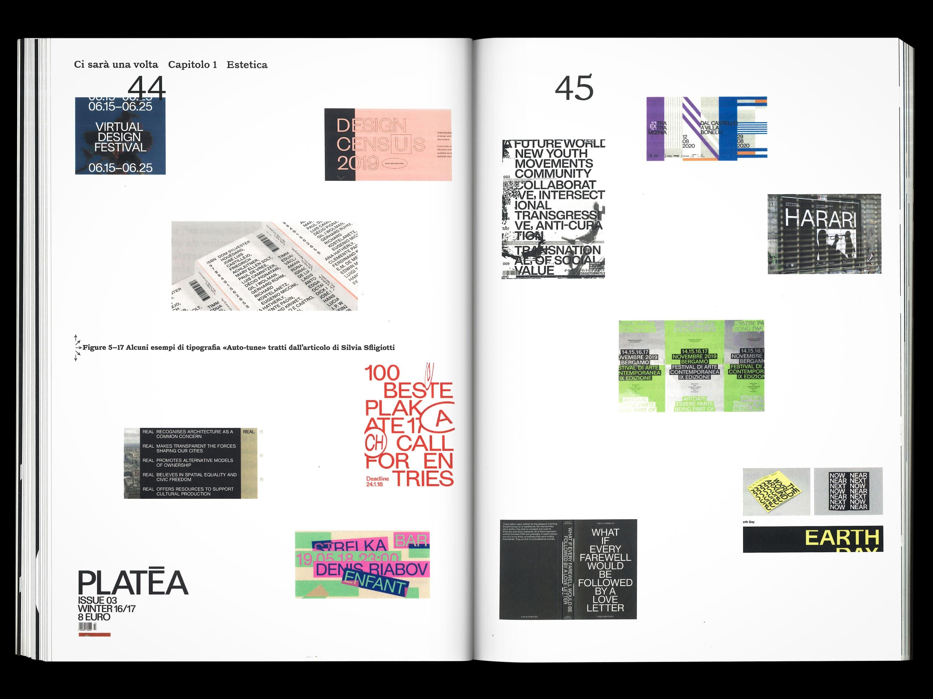 Open Ci sarà una volta book spread with a grid of visual design examples.