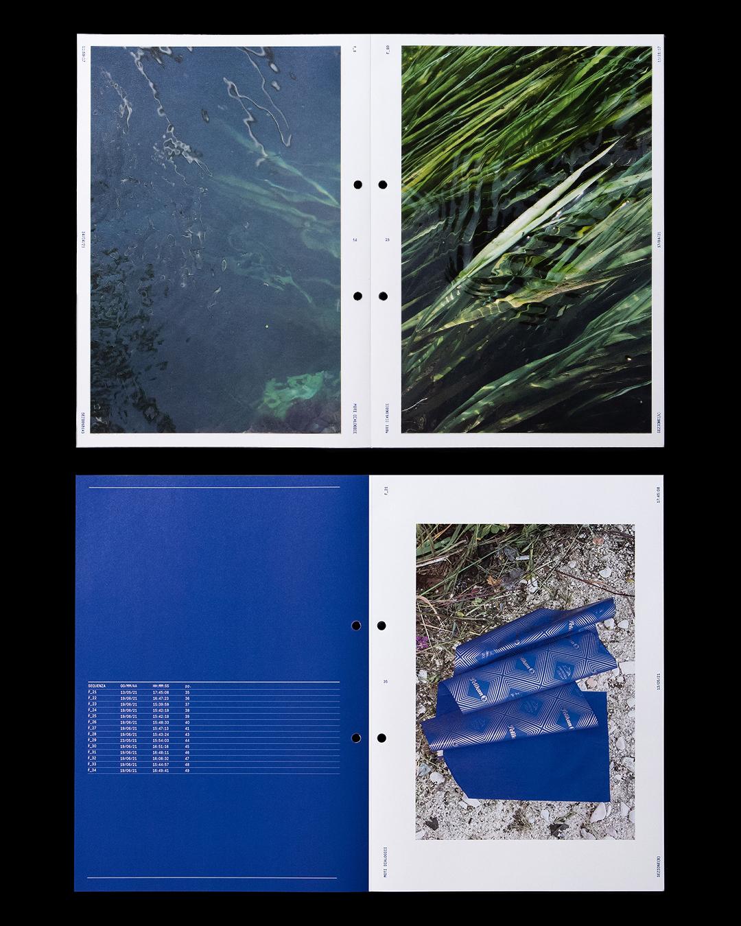 Open Moti dialogici spread combining blue paper fragments, a blue print, and a grayscale aerial landscape photograph.