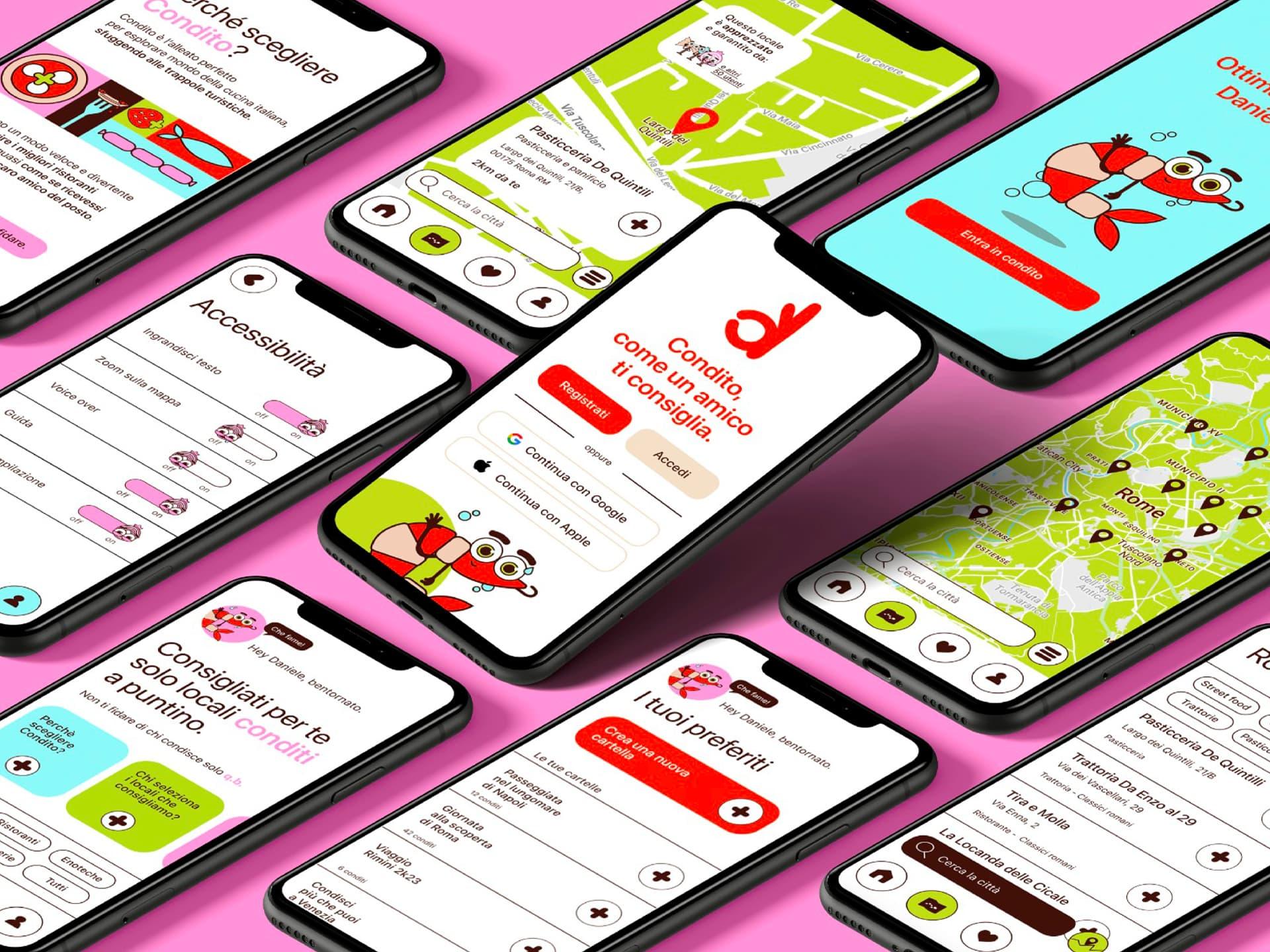 Smartphones displaying Condito screens on a pink background.