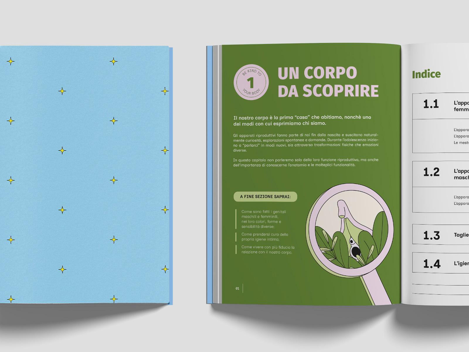 Open educational spread titled Un corpo da scoprire with a magnifying-glass illustration and a contents page.