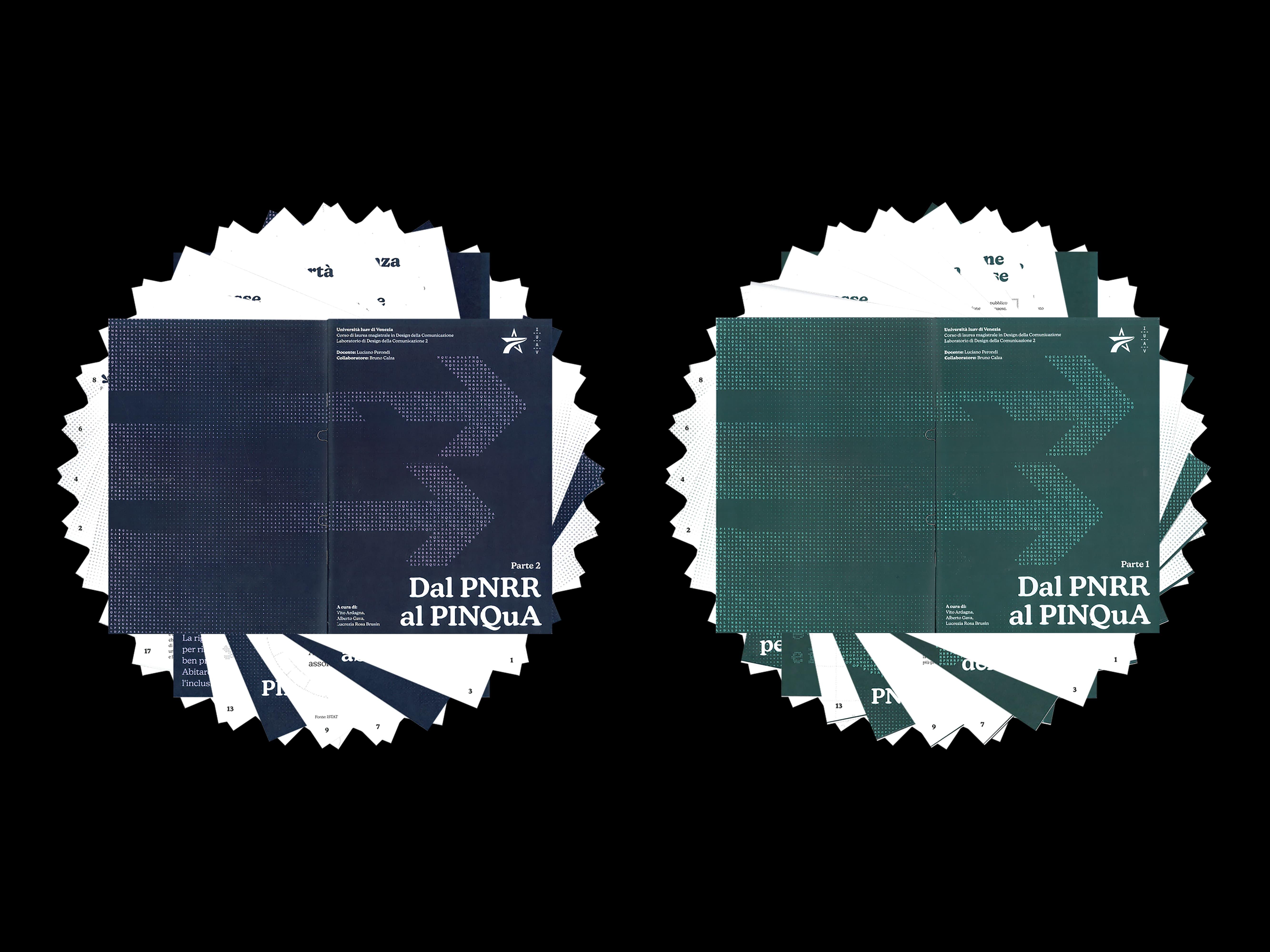 Two stacks of blue and green Dal PNRR al PINQuA reports on white sheets.