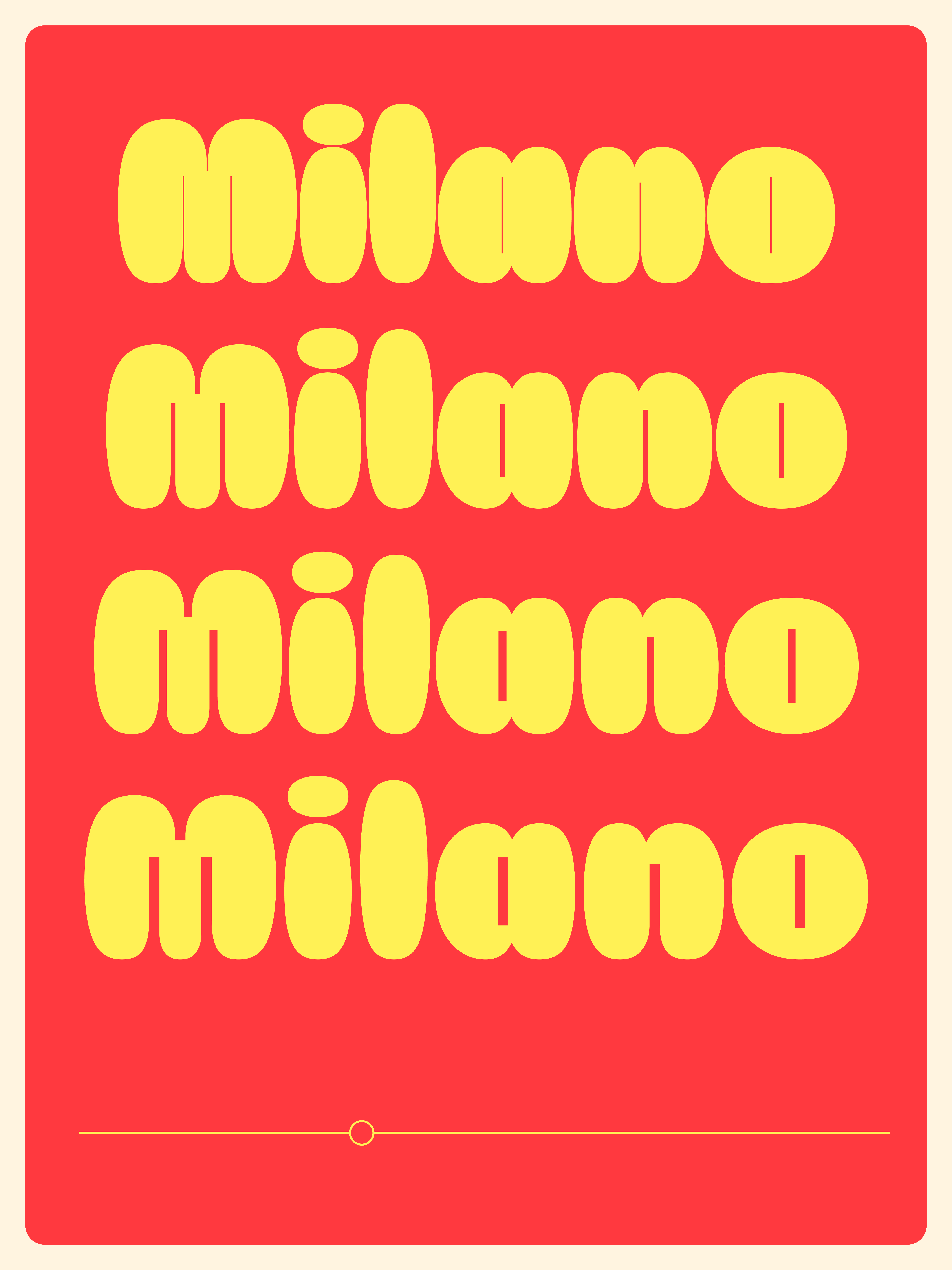 Red poster with four rows of yellow “milano” lettering in the Burghi font.