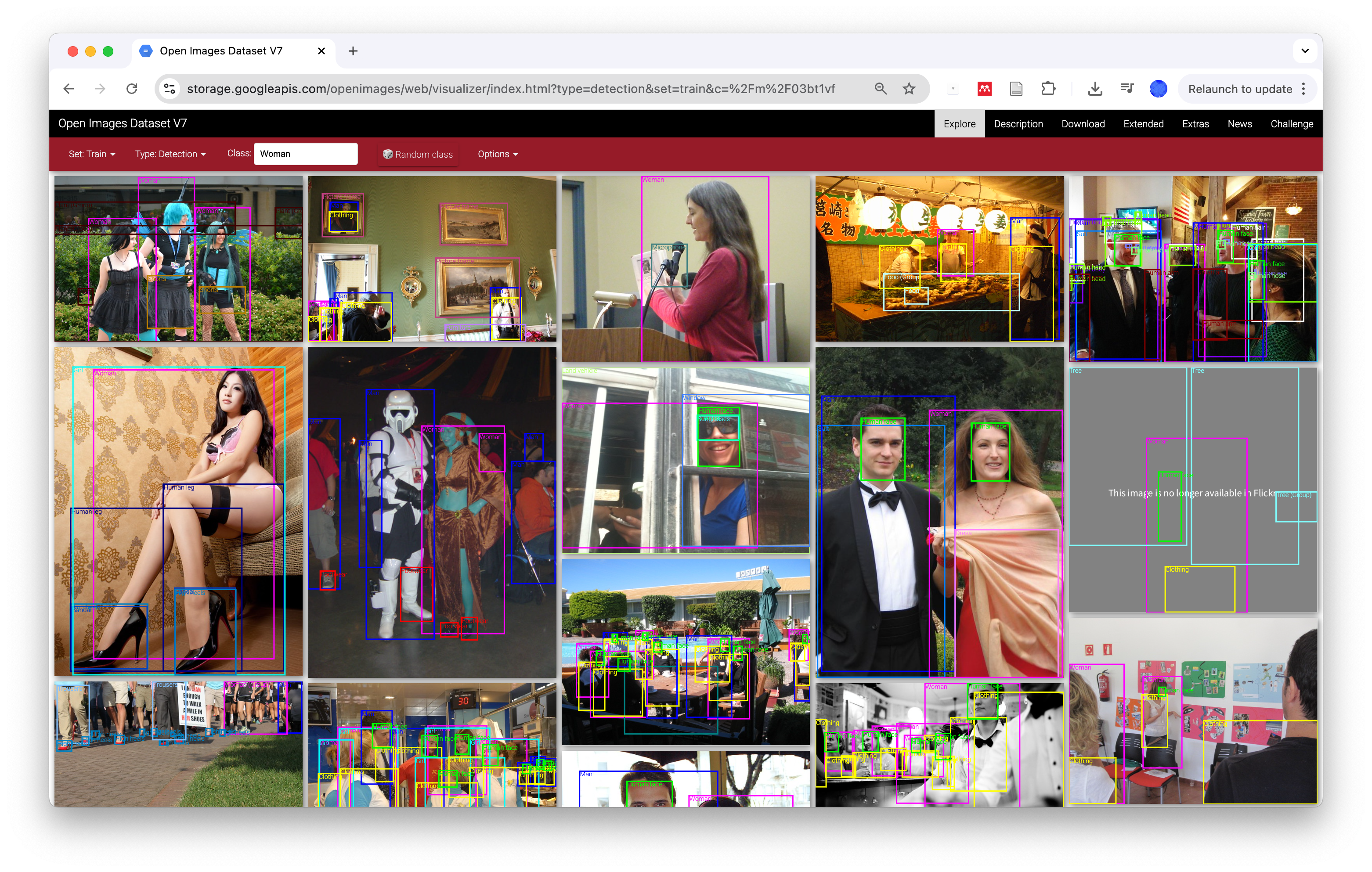 Open Images Dataset V7 visualizer showing training images annotated with the class "Woman."
