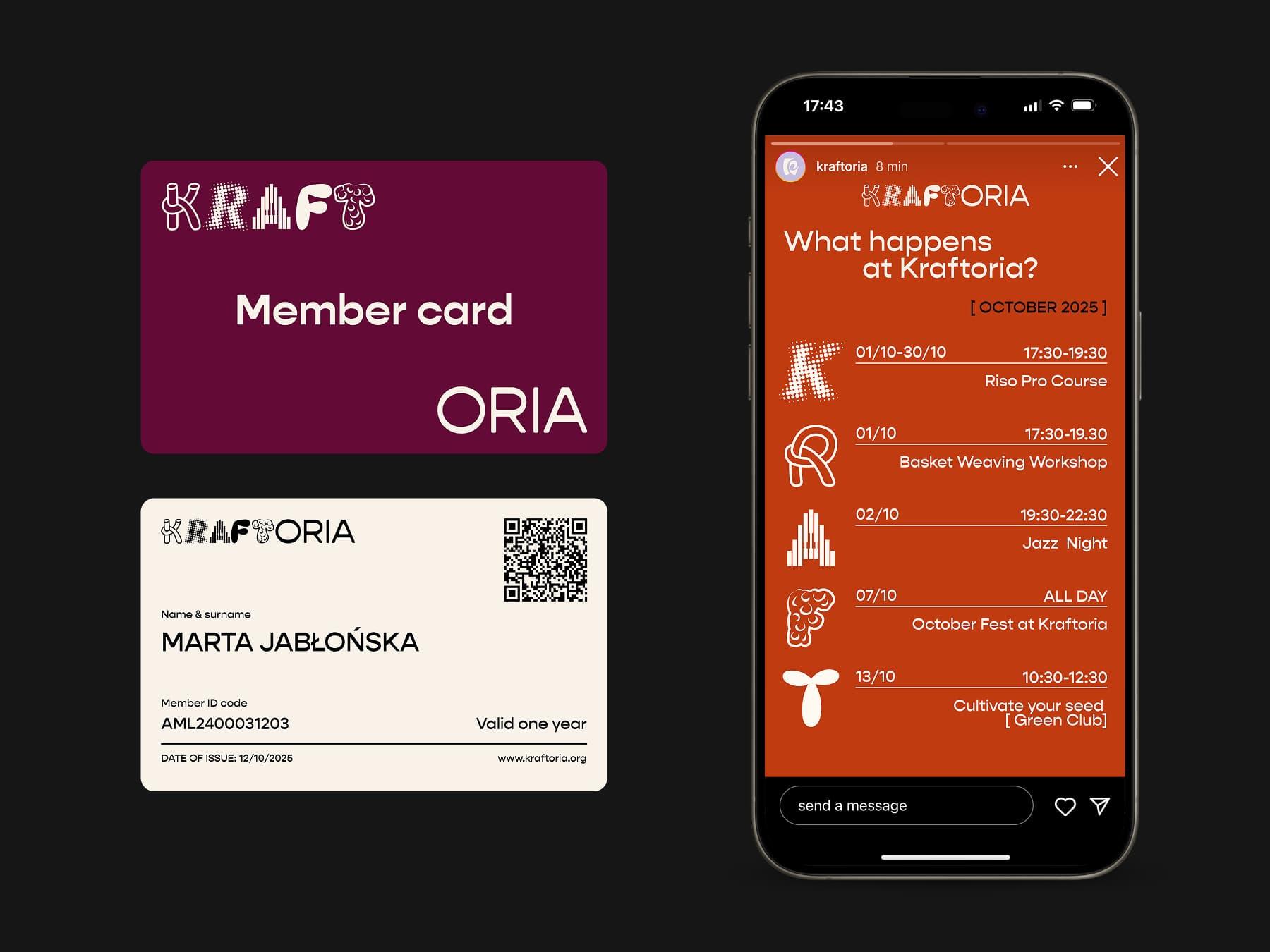 Kraftoria member card alongside a phone screen with the October 2025 programme.