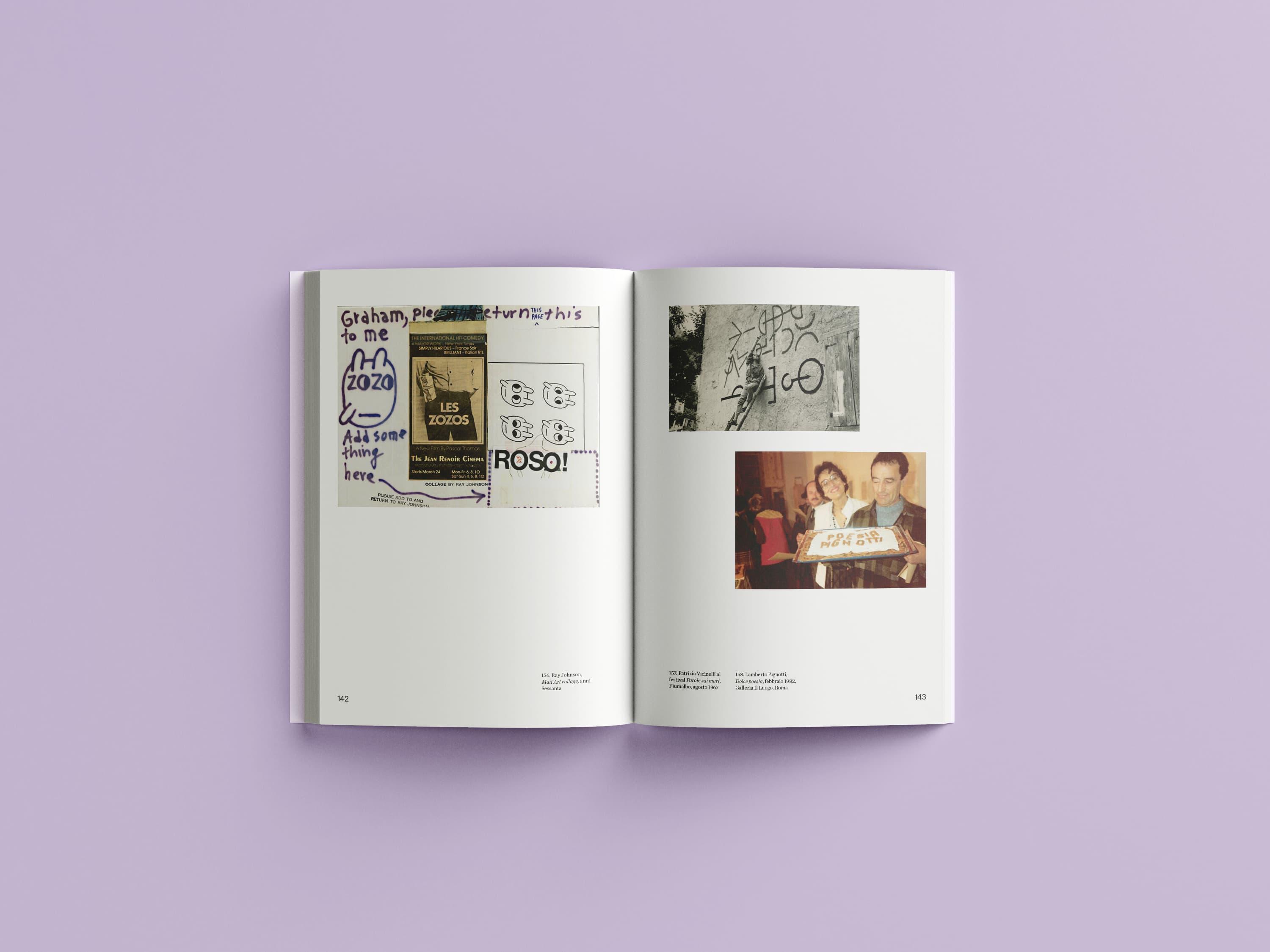 Open Trasformazioni verbovisive book showing two visual-poetry works on a pale purple surface.
