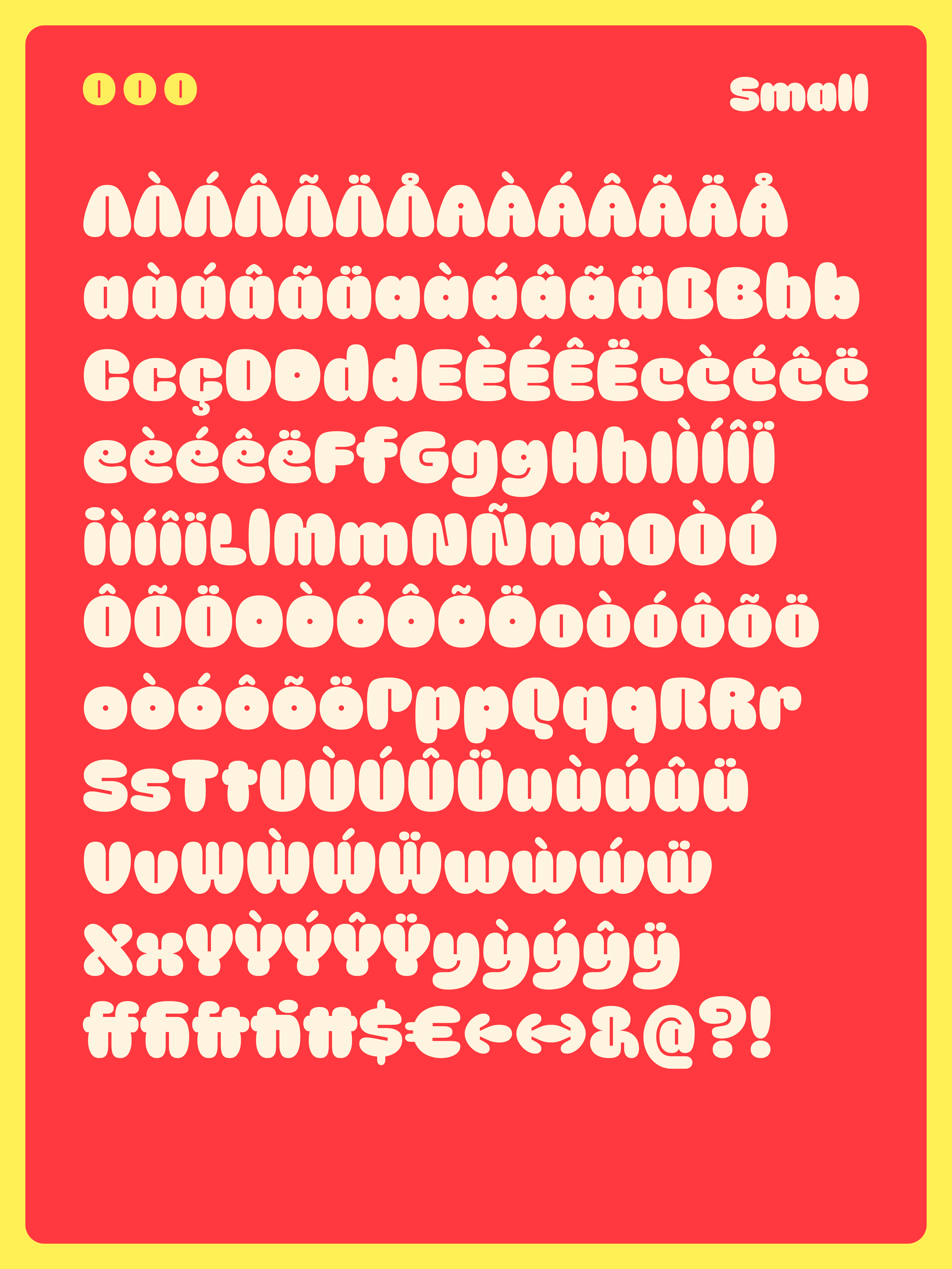Red type specimen poster showing the Burghi alphabet in white rounded letters.