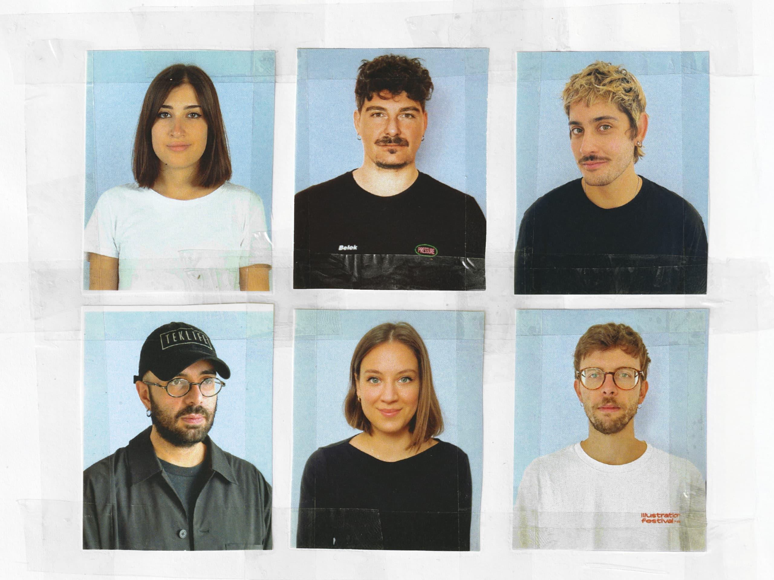 Six portrait photographs arranged in a grid on a pale wall.