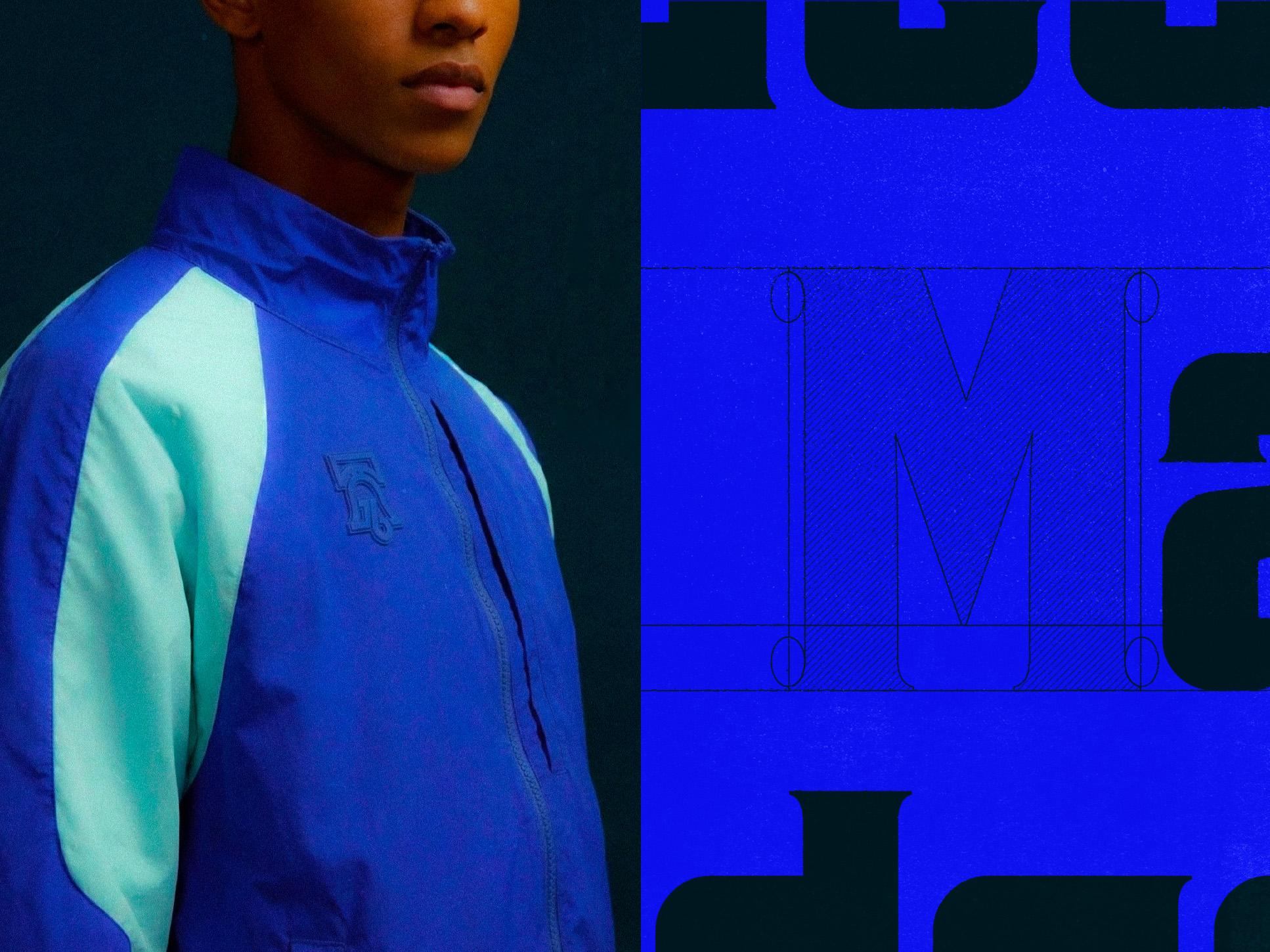 Blue jacket mockup beside blue Visual Court letterforms and garment construction lines.