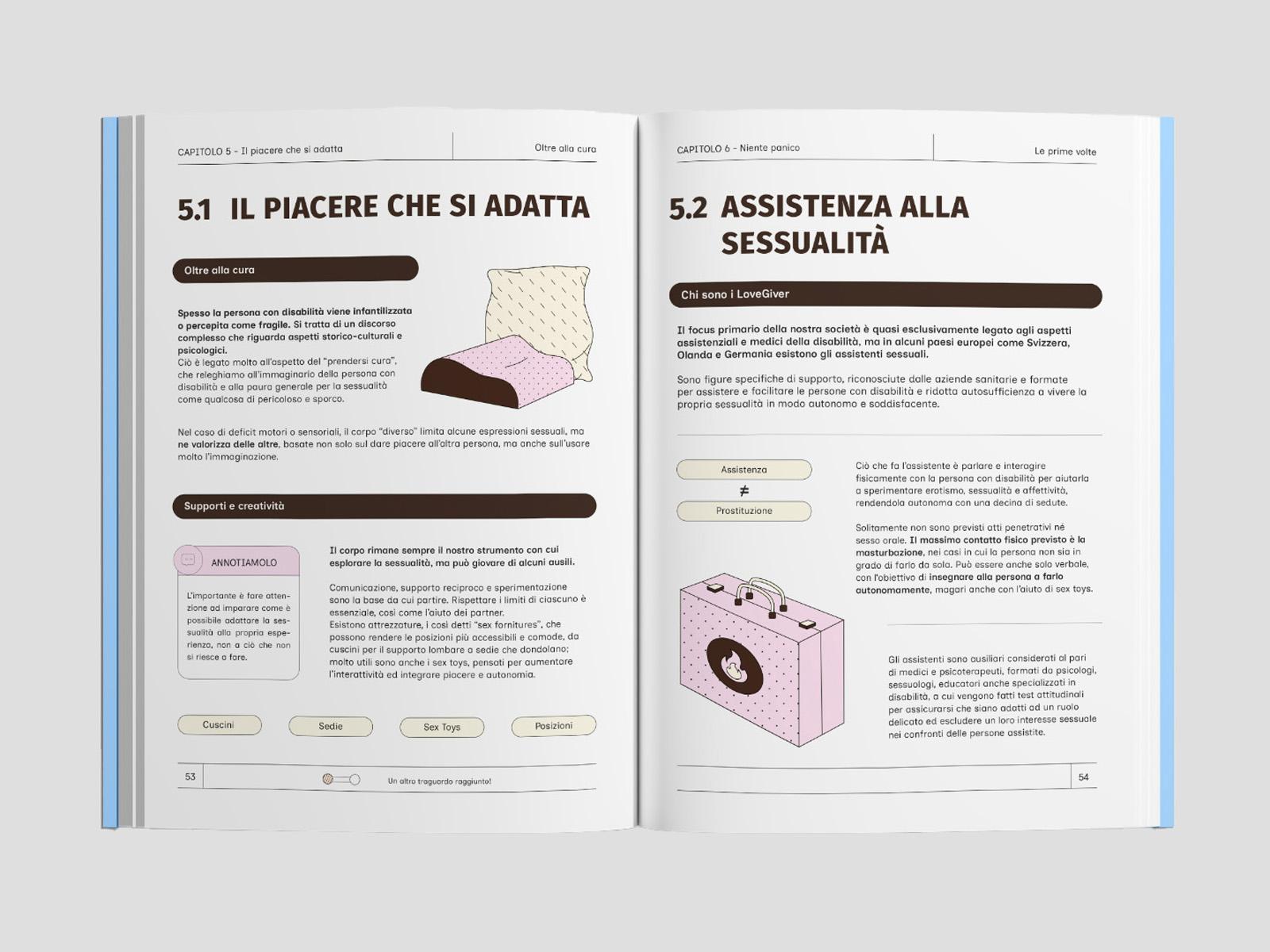 Open spread with illustrated sections about adapted pleasure and sexual assistance.