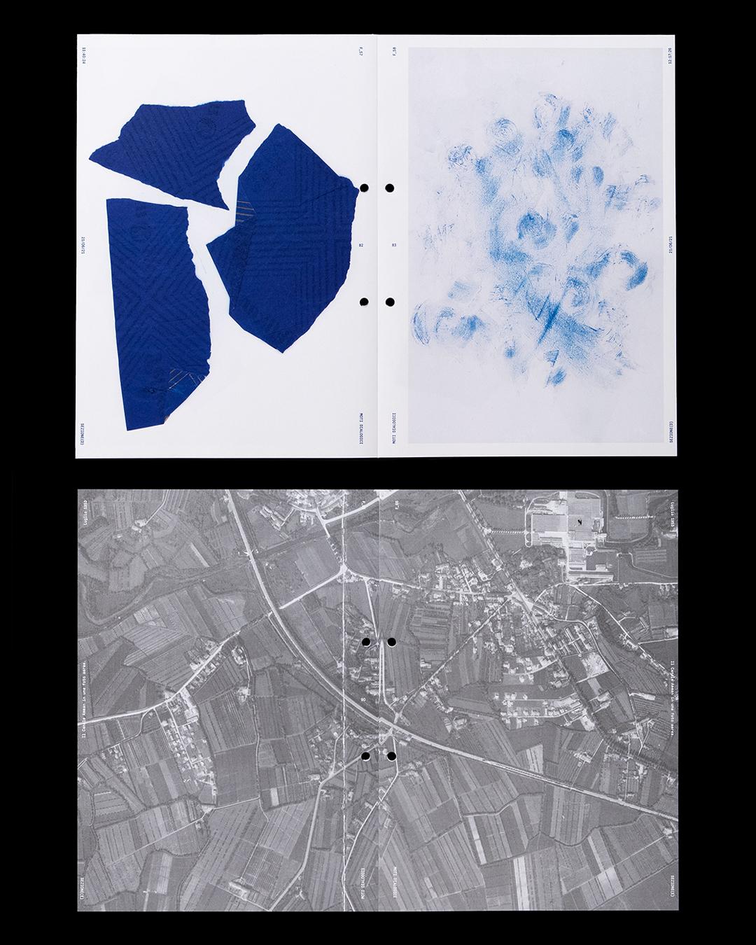 Open Moti dialogici publication showing blue paper forms beside a grayscale aerial photograph.