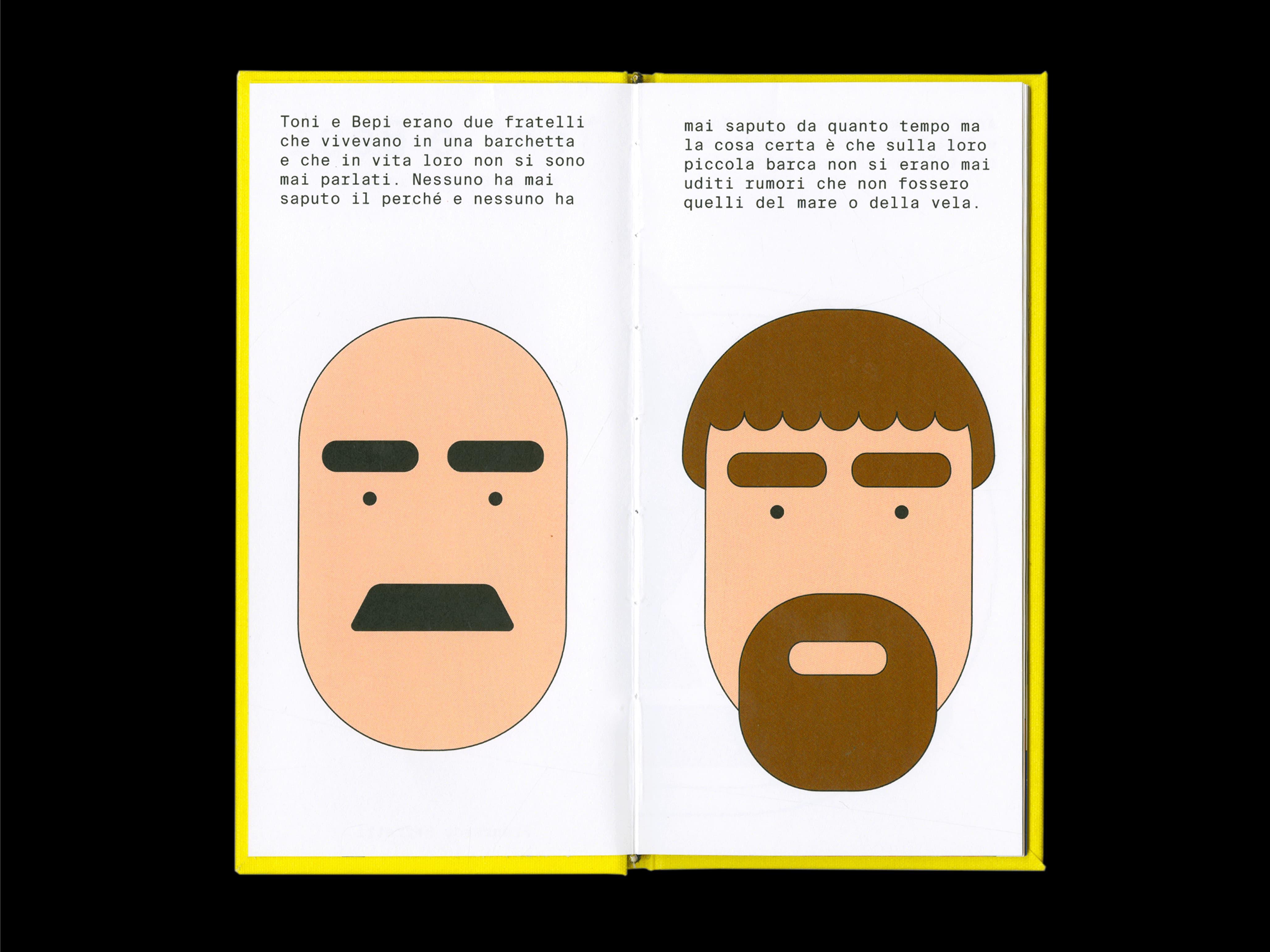 Open Toni e Bepi book spread with two simplified illustrated faces beneath Italian text.