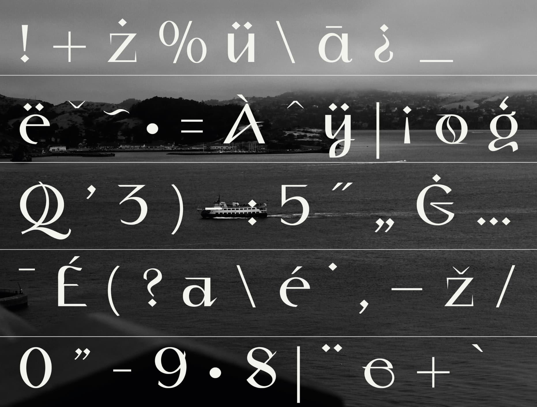 Acculturation Display poster with rows of white symbols and punctuation over a dark coastal landscape.