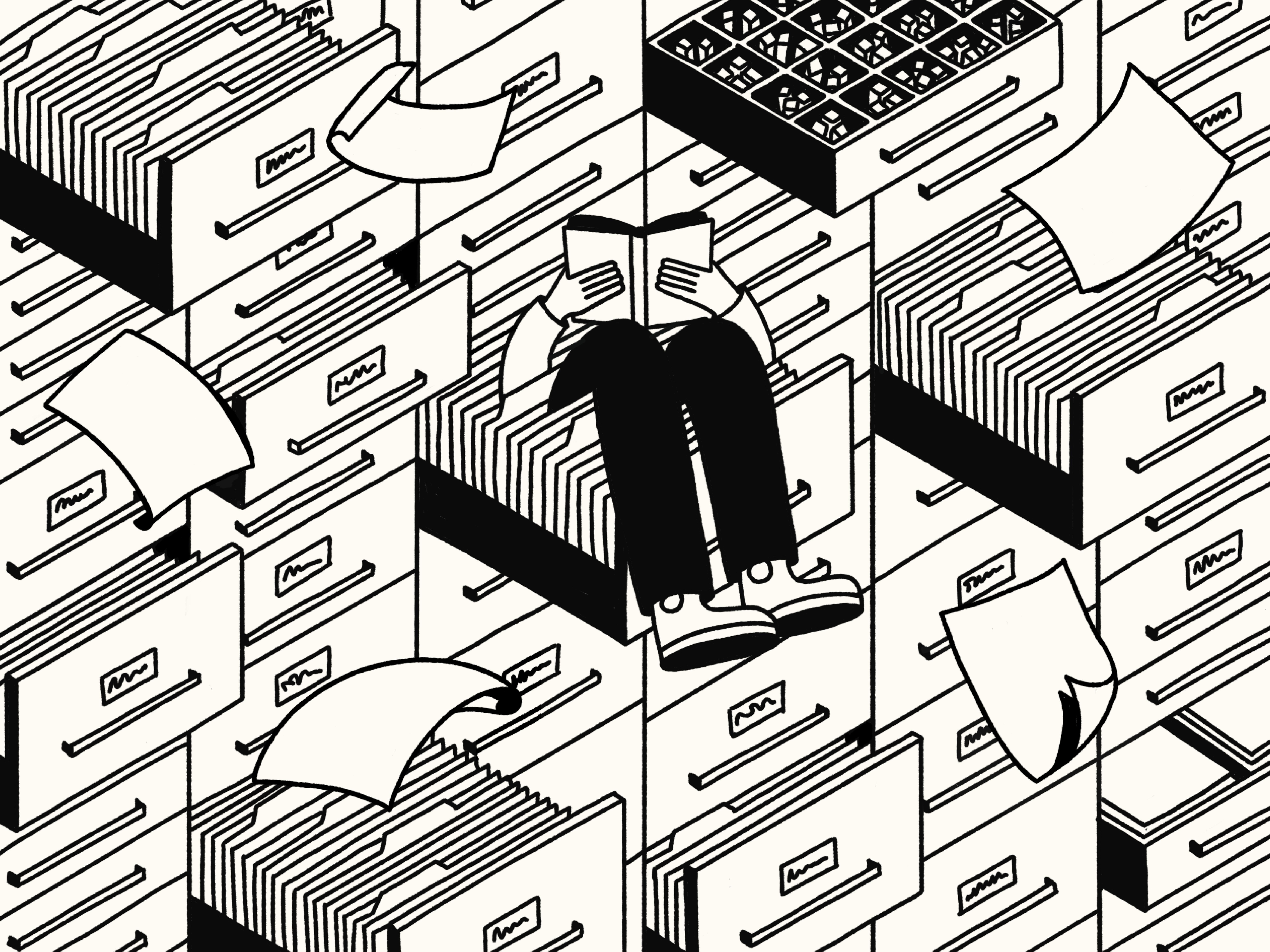 Black-and-white illustration of a person reading among stacked archive boxes and loose sheets of paper.