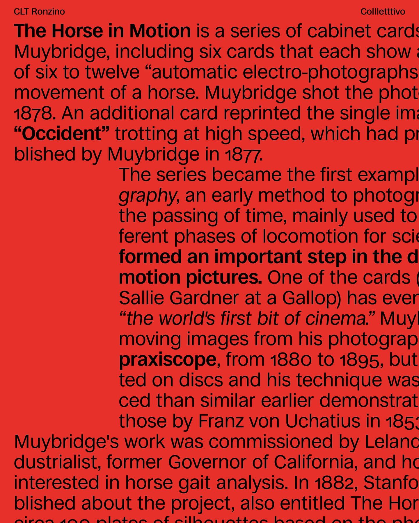 Ronzino specimen with black text about motion pictures on a red background.