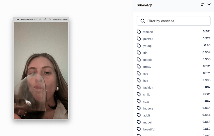 Photo-classification interface listing labels for a woman drinking from a glass.