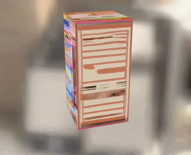 Translucent pink cabinet with coloured panels, a small screen and a stylised face.