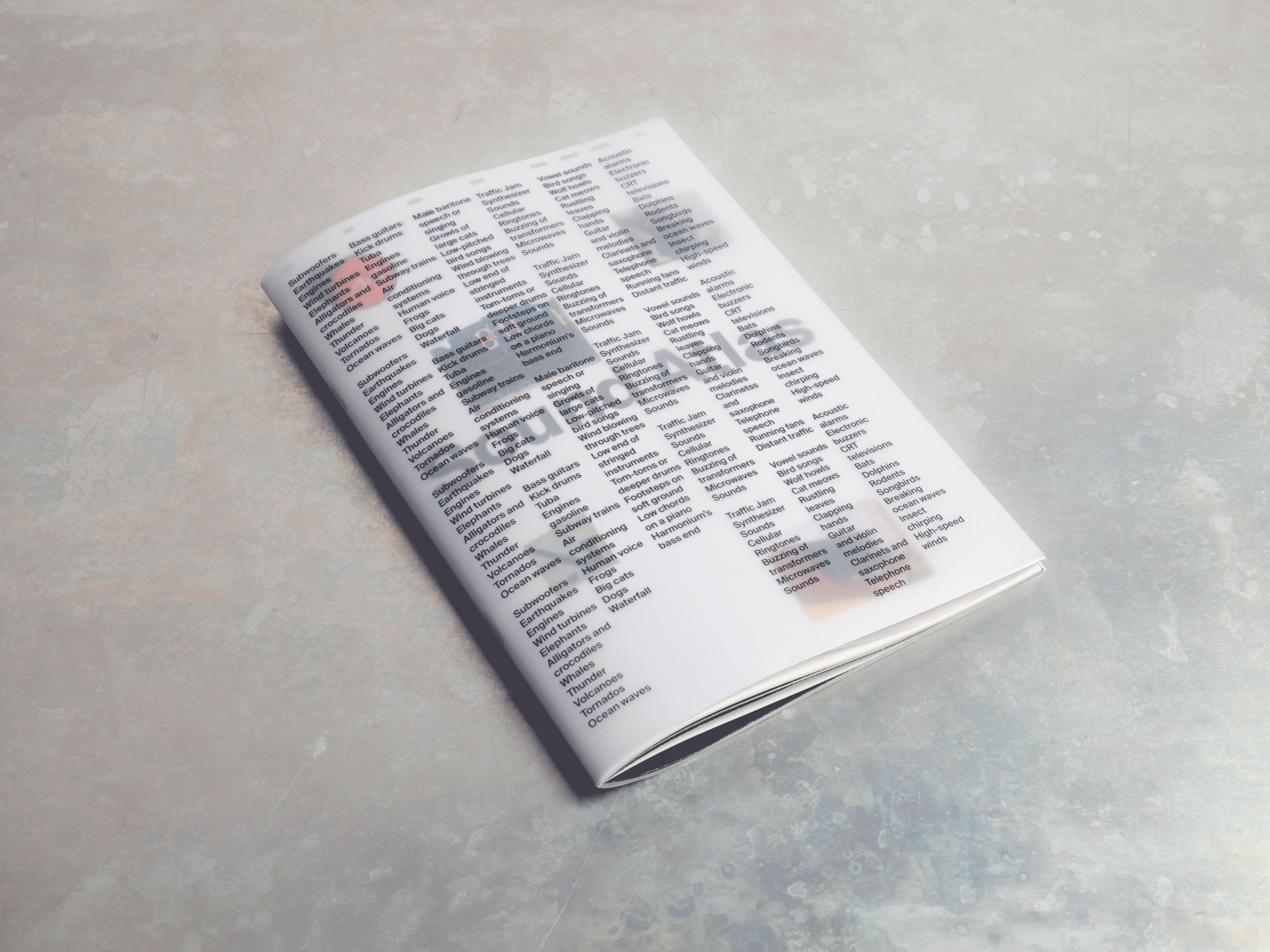 Folded white publication with dense black and red text on concrete.