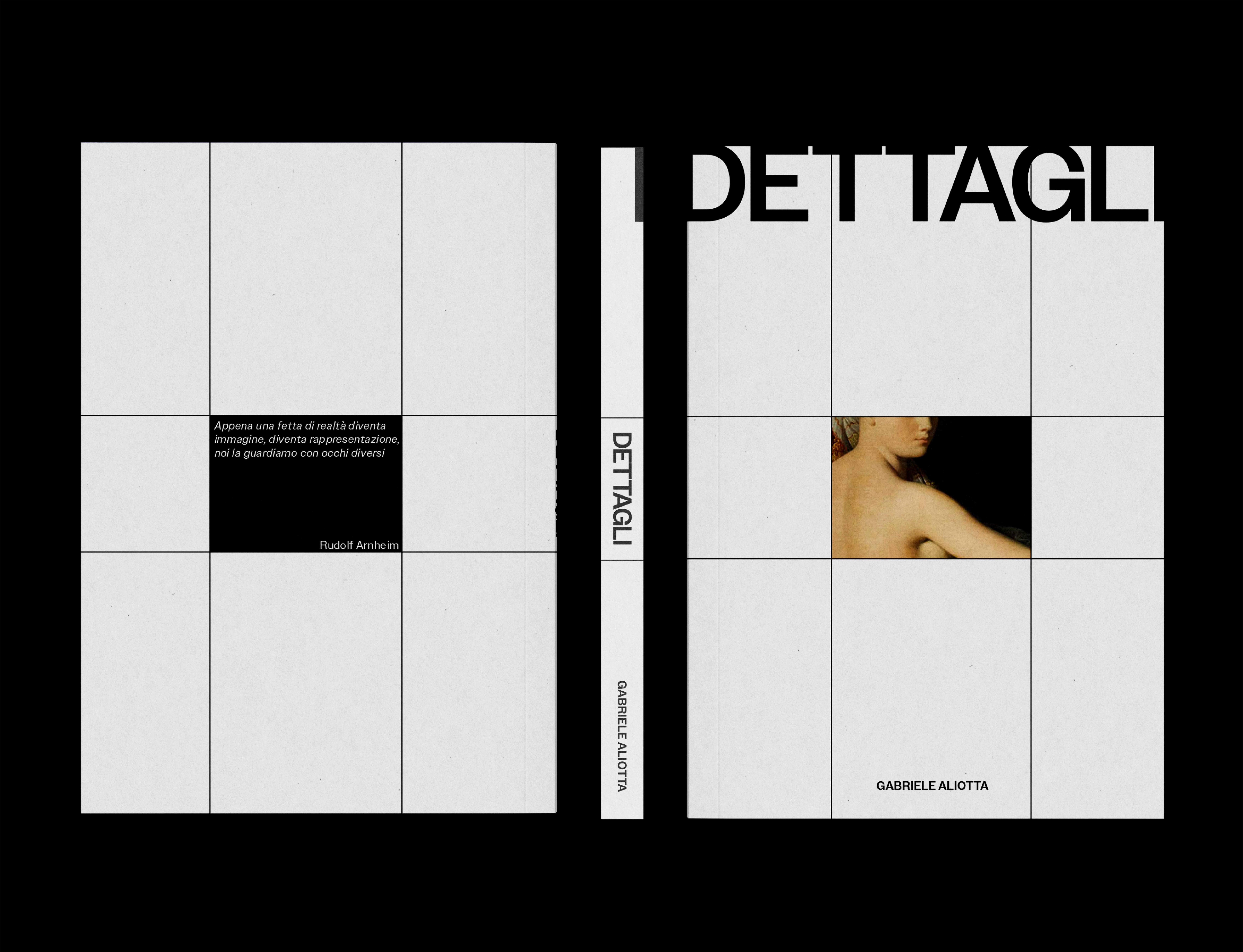 Two white Dettagli posters with black grids and small photographic squares.