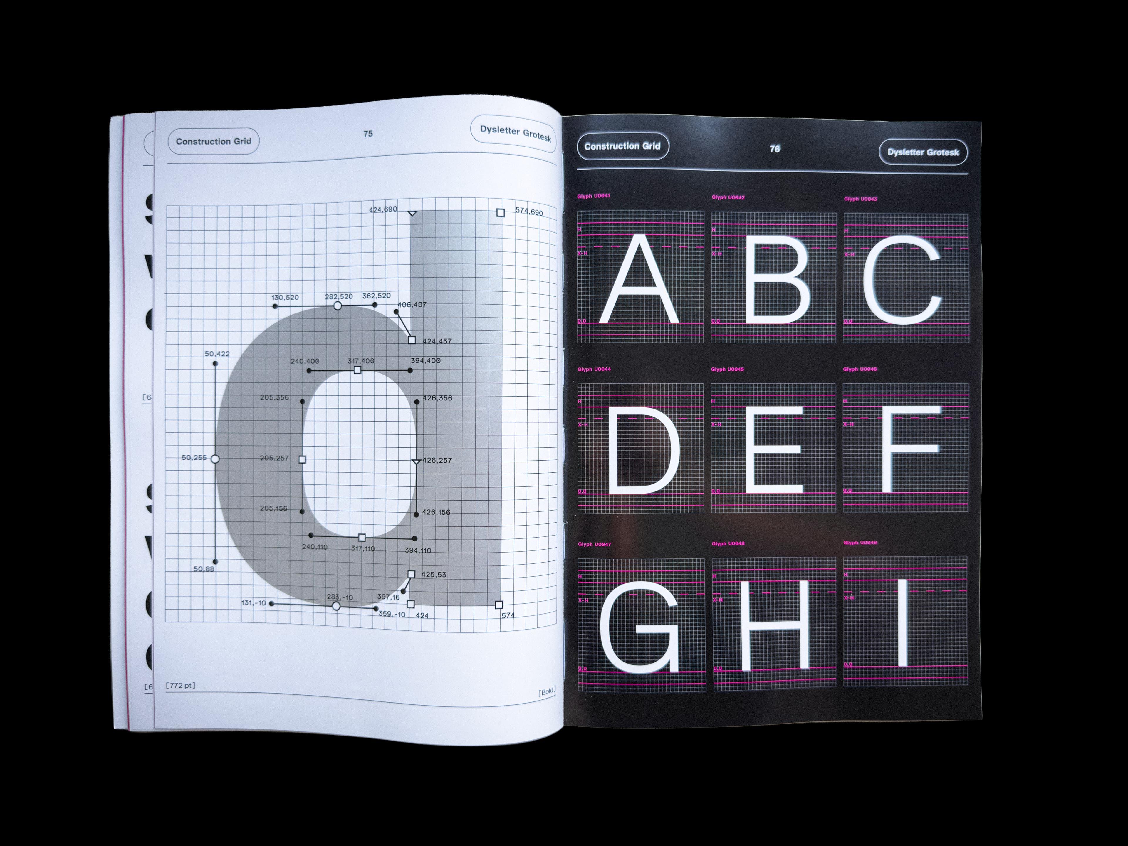 Open Dysletter Grotesk specimen book showing uppercase and lowercase alphabets in two weights.