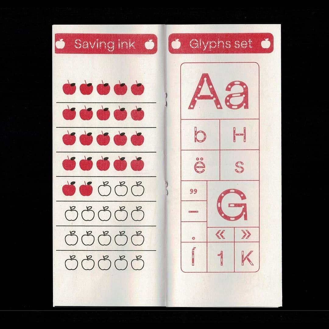 Apfel Grotesk Brukt for SPRINT spread with red apple rows and a glyph set.