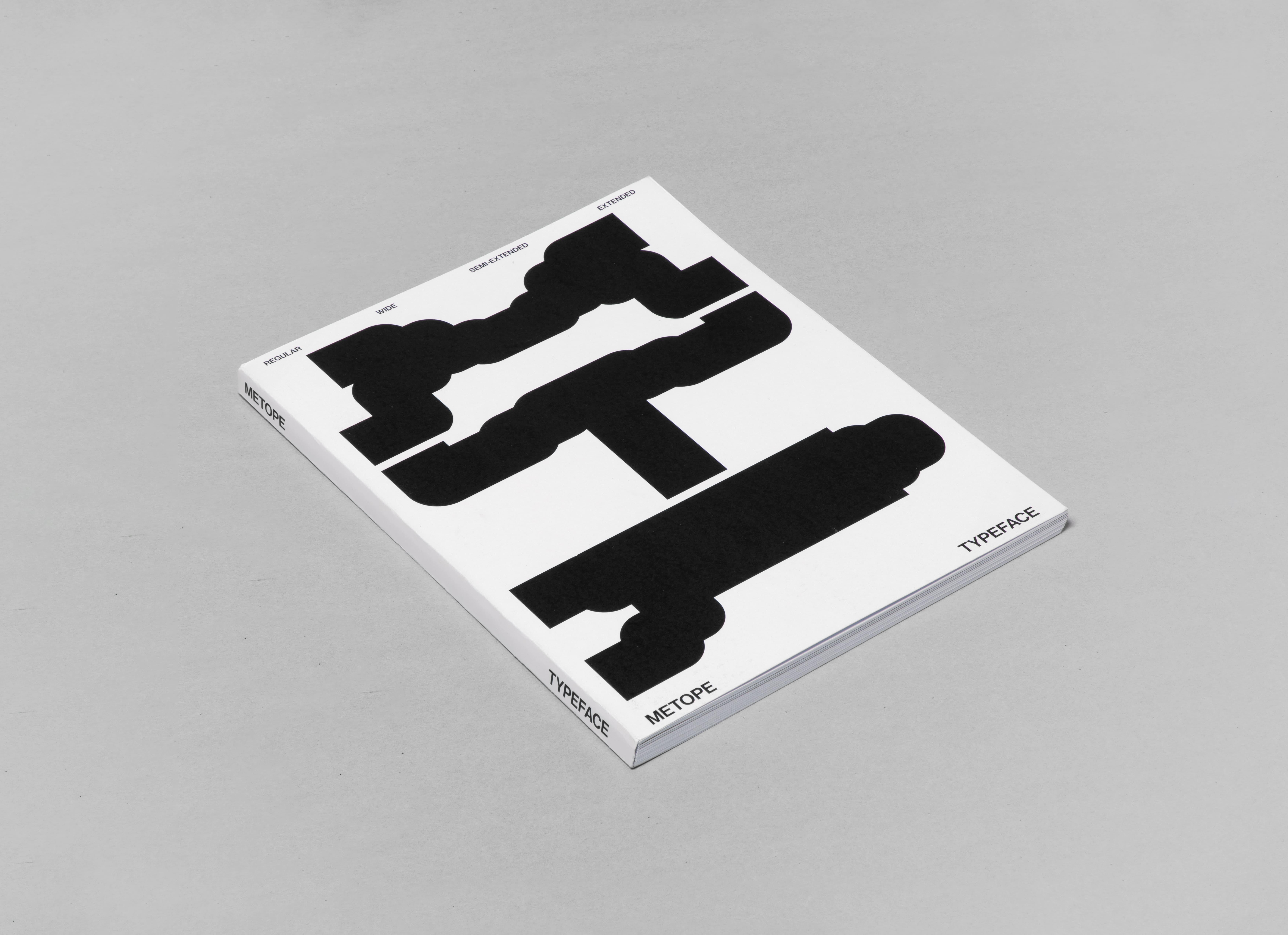 White Metope booklet with abstract black forms on a pale surface.
