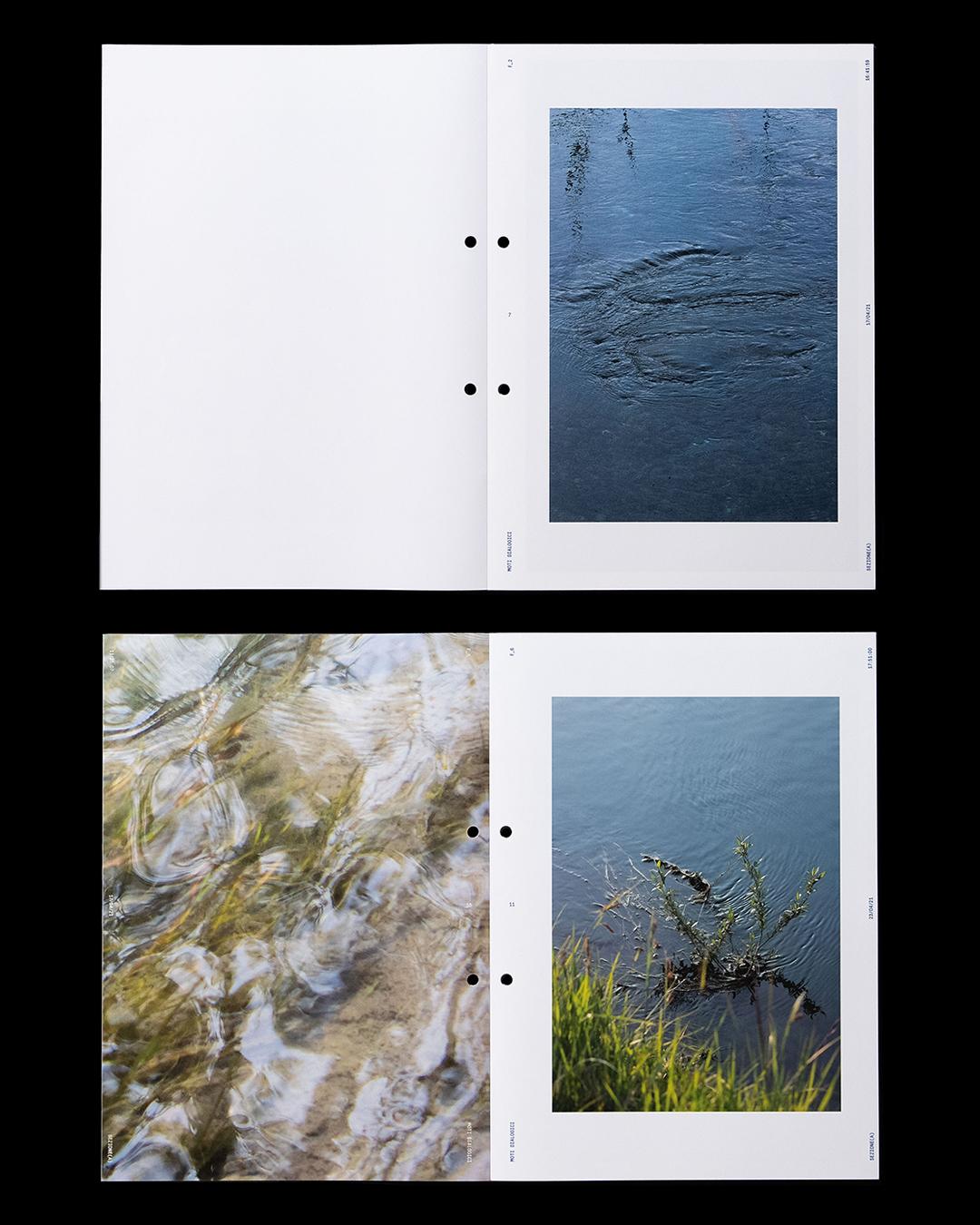 Open Moti dialogici publication showing photographic studies of rippling water and vegetation.