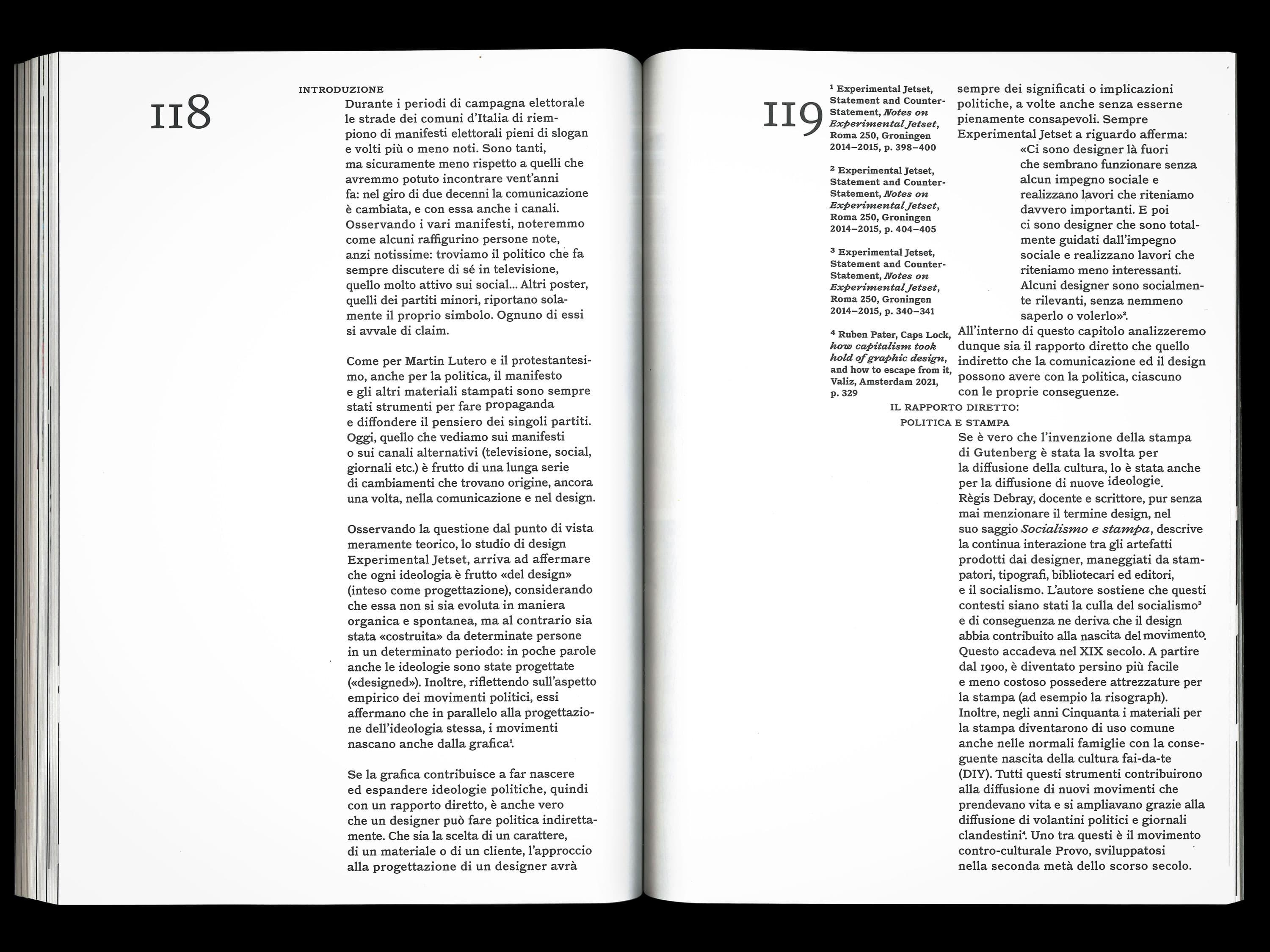 Open Ci sarà una volta book spread with Italian text about political communication.