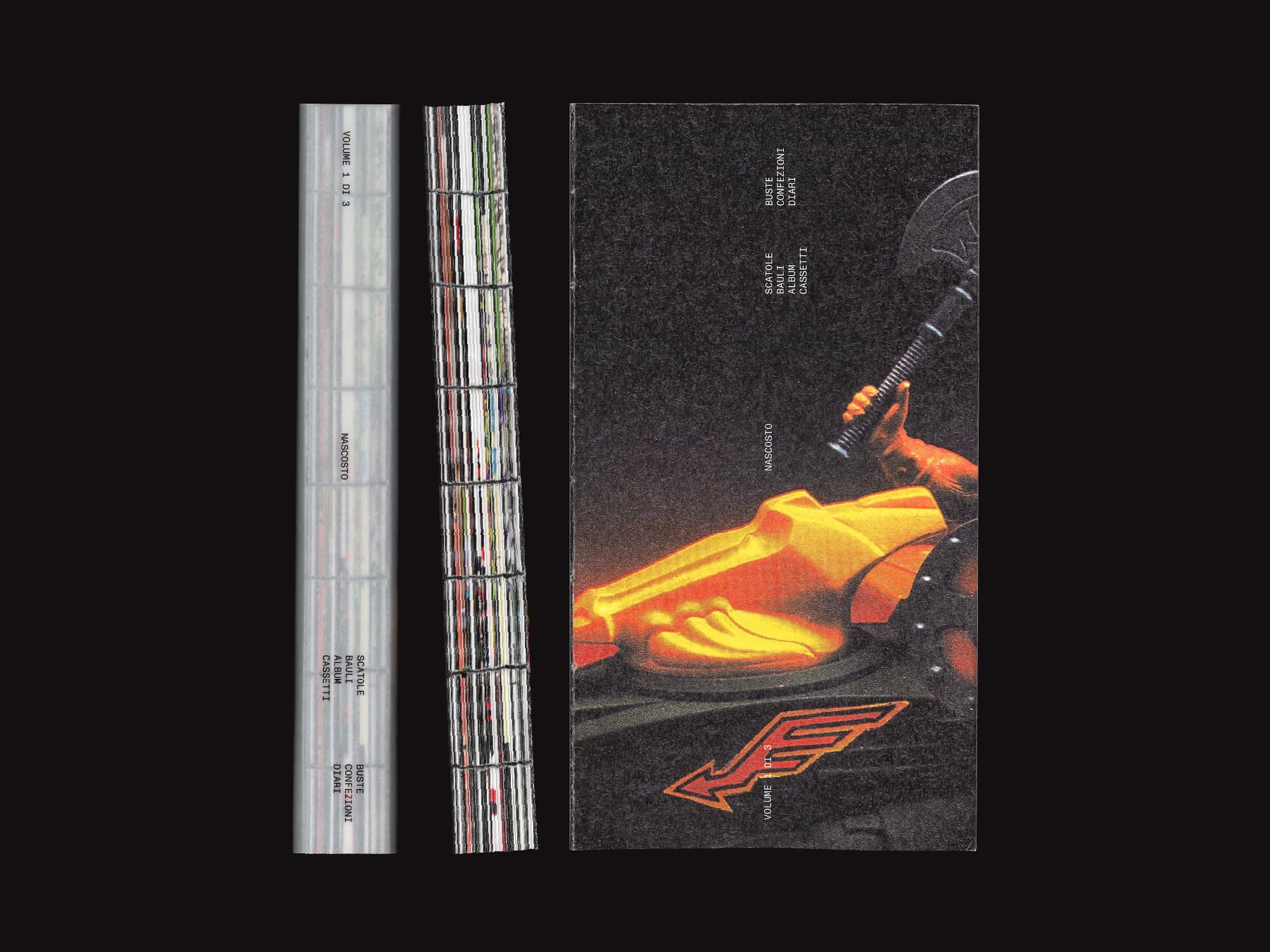 NASCOSTO vol. 1: translucent spine, exposed sewn binding and front cover with a close-up of a yellow toy figure holding an axe, on a black background.
