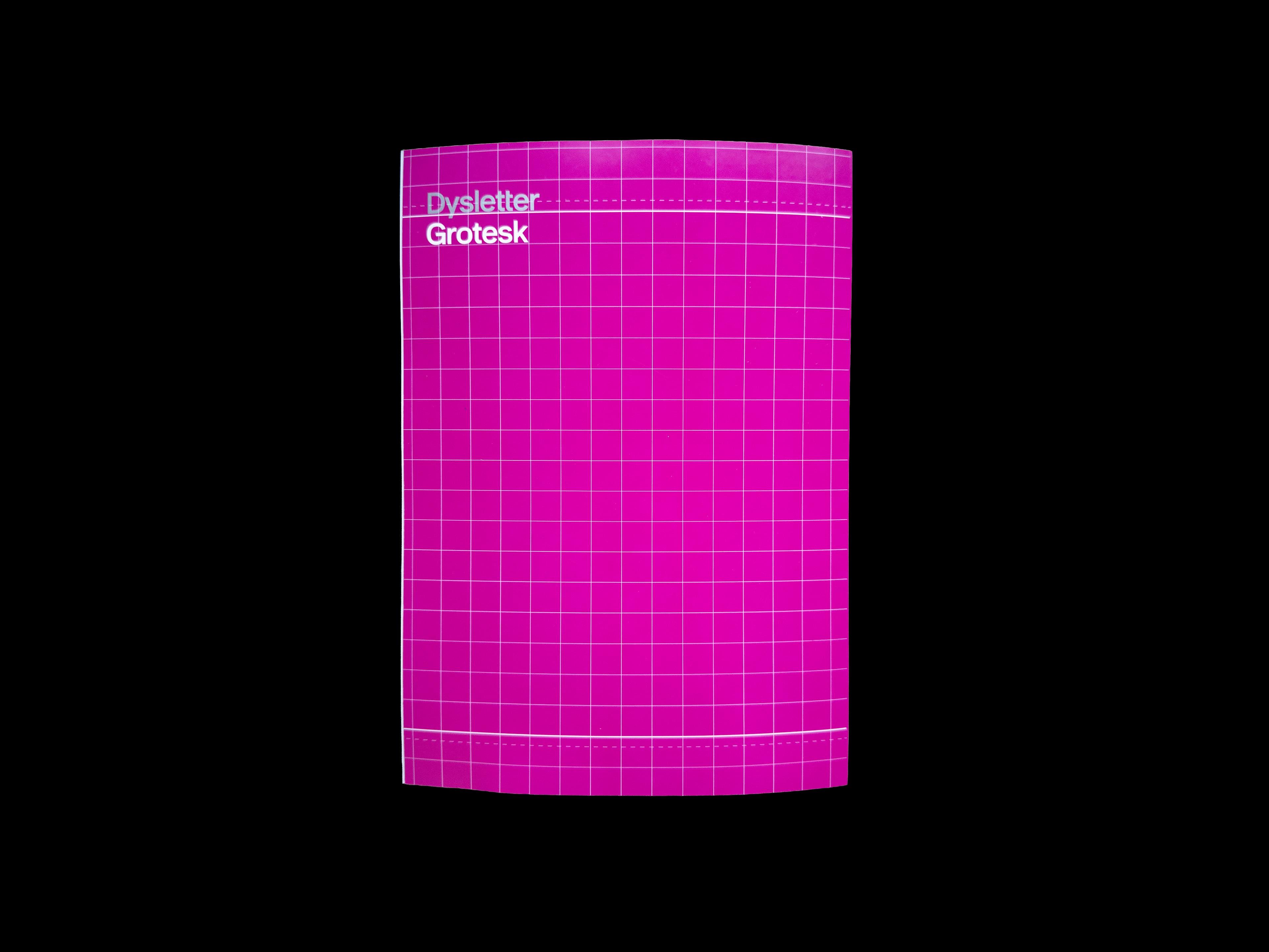 Curved magenta Dysletter Grotesk poster with a white grid and title.