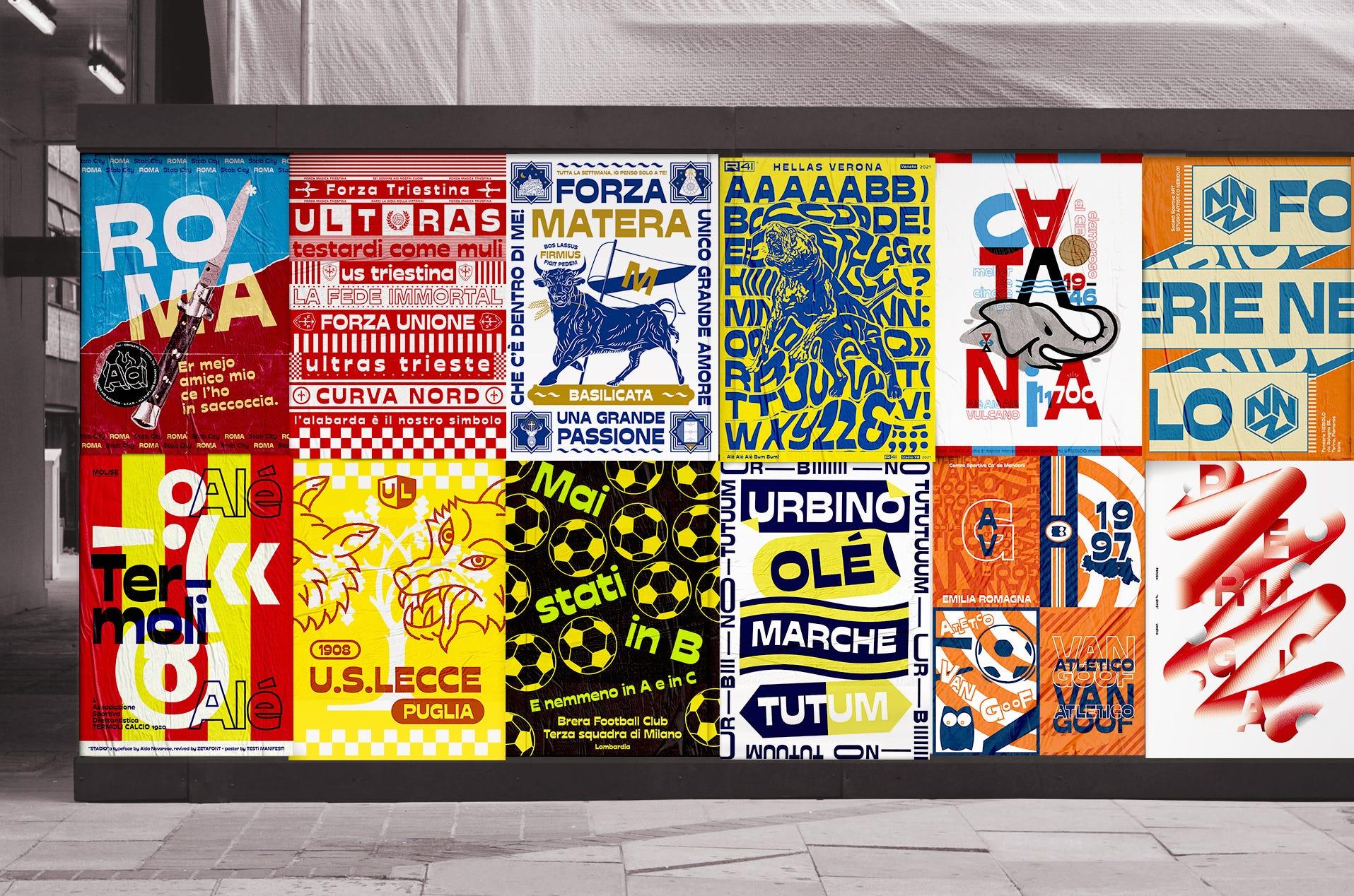 Wall of colourful football posters and typographic graphics.