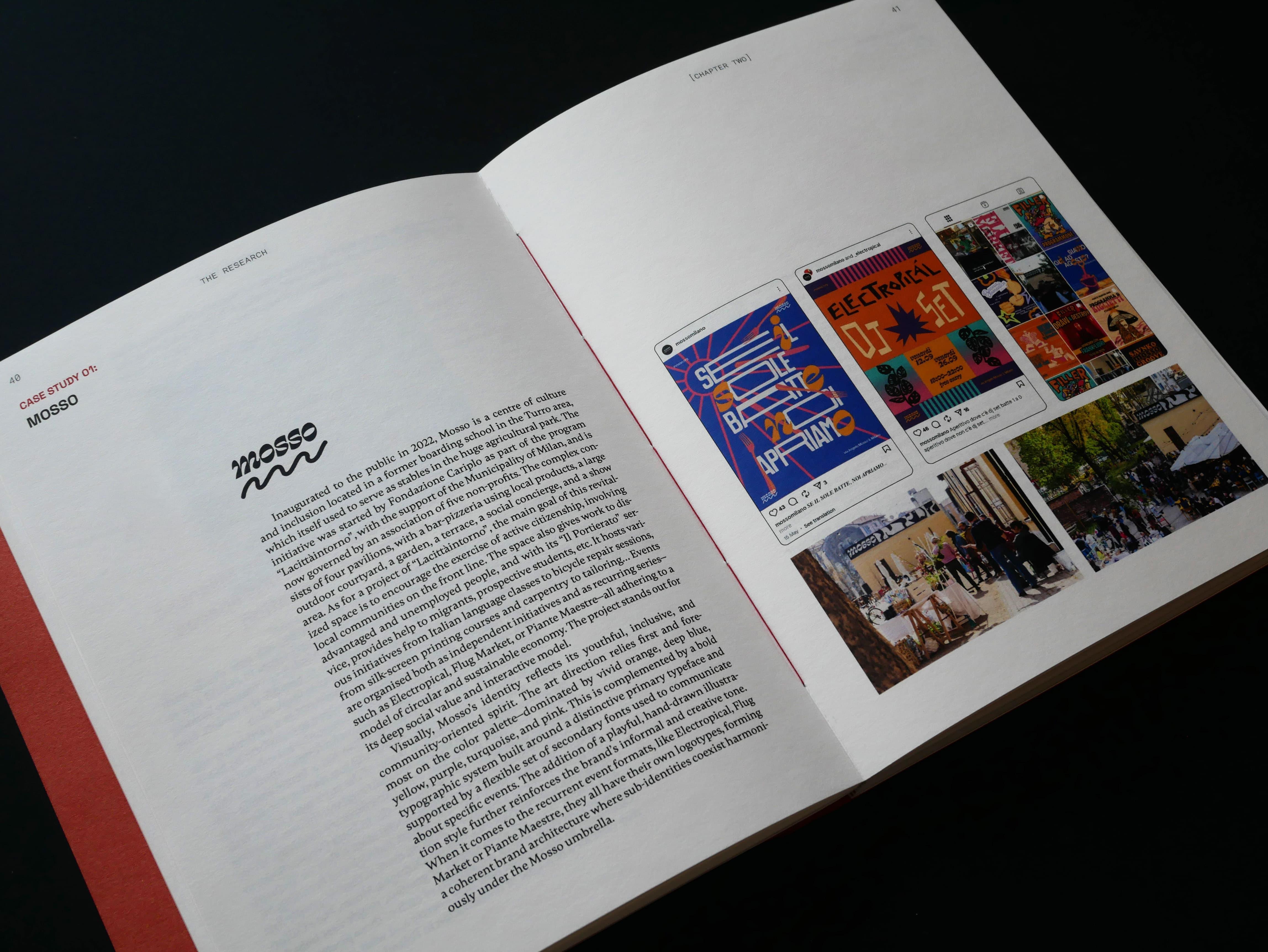 Open thesis spread on the Mosso cultural hub with social media examples.