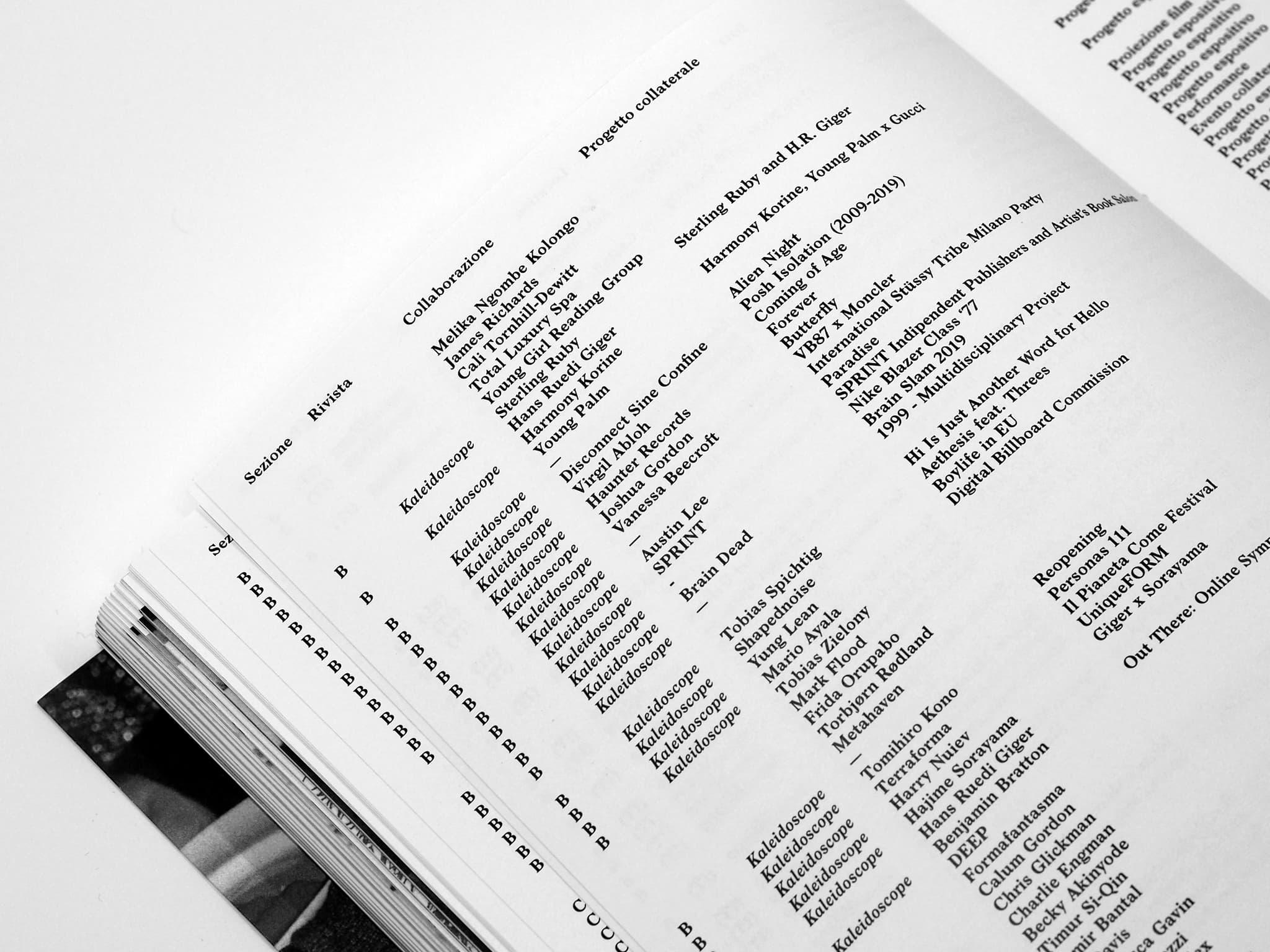 Close-up of a Voltare pagina book page listing projects and collaborations.