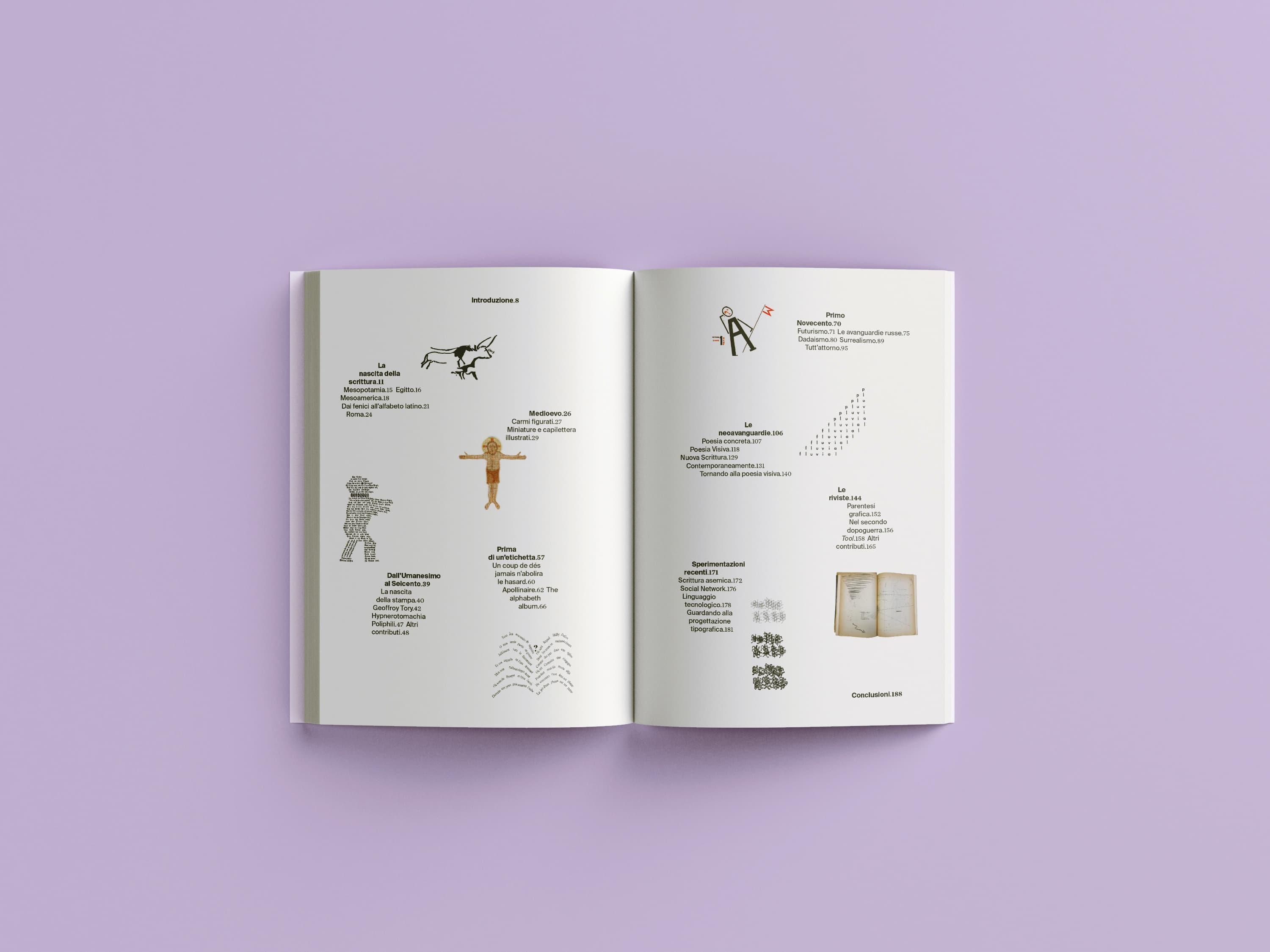 Open Trasformazioni verbovisive book with two pages of small illustrations and text.