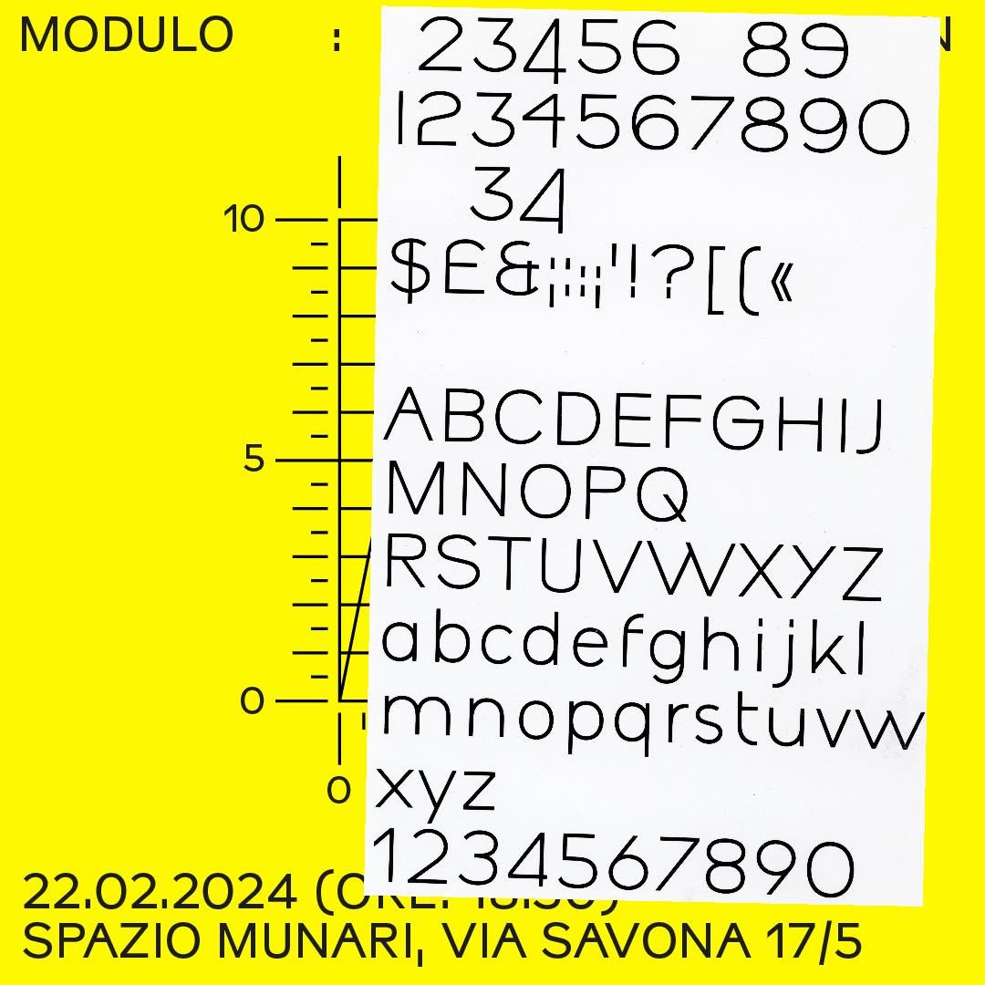 Poster for “Modulo Nebiolo: il progetto per un carattere ideale”, with a Modulo type specimen and yellow bars.