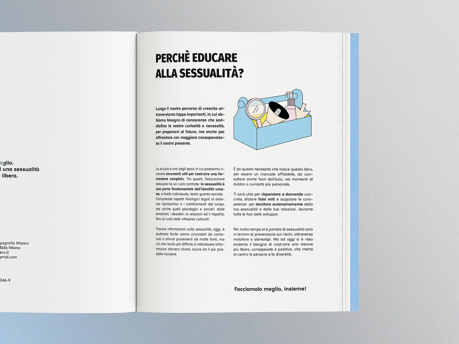 Open educational spread titled Perché educare alla sessualità? with text and an illustration of a box of objects.