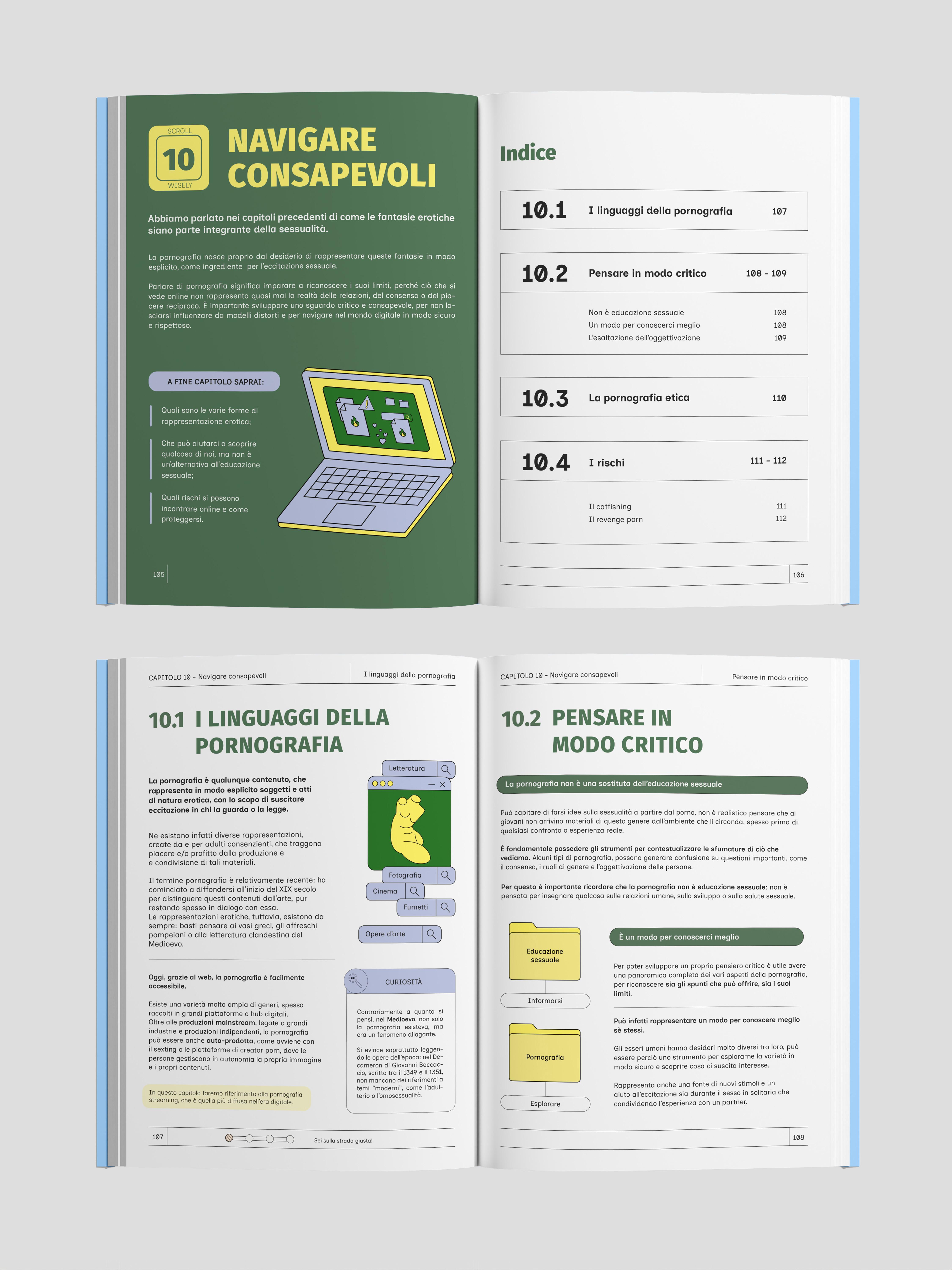 Open educational spread with illustrated exercises and explanatory text about sexual health.