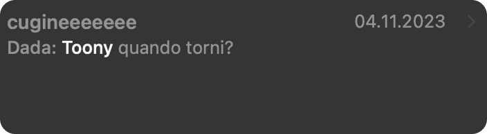 Dark iPhone message notification from a cousin, using the name Toony.